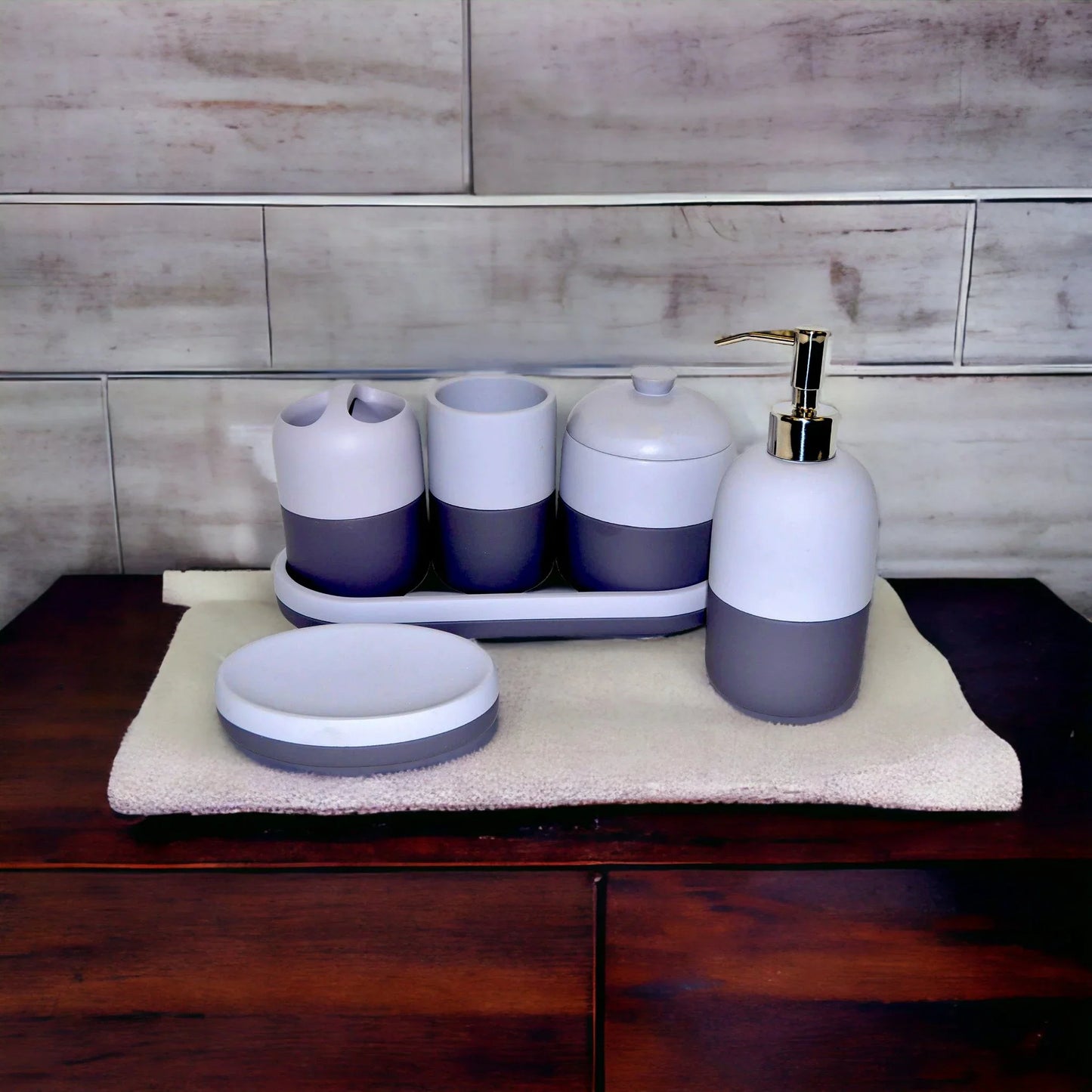 Gray Bathroom Accessories Set with Vanity Tray