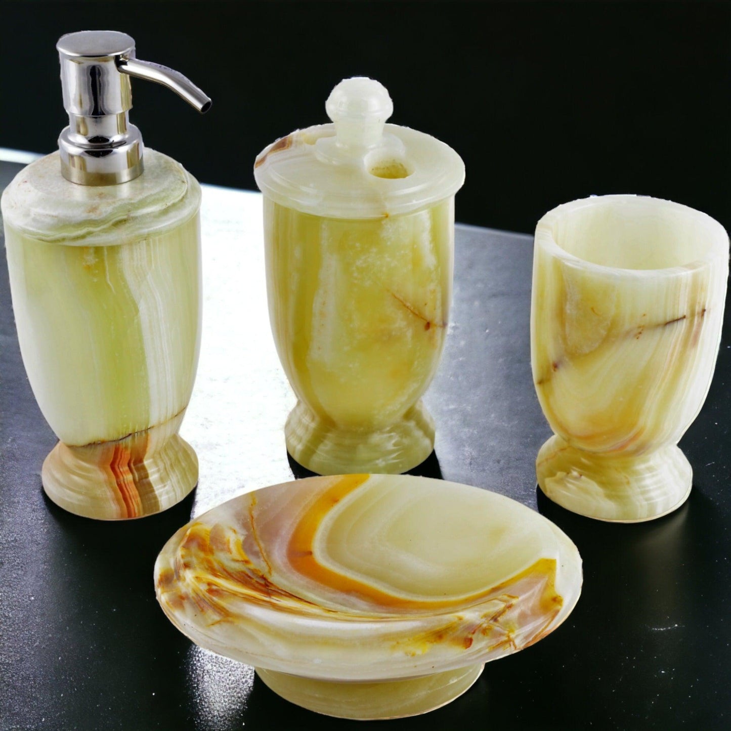 Bath Accessory Set - 4 Piece Bath Set of Pistachio Onyx - Nature Home Decor