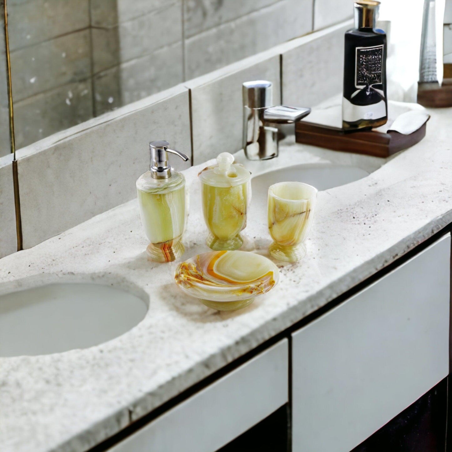 Bath Accessory Set - 4 Piece Bath Set of Pistachio Onyx - Nature Home Decor