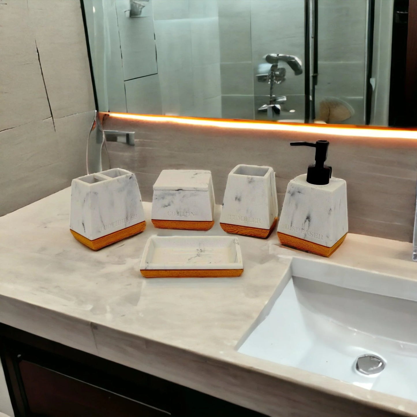 White Marble Bathroom Set with Wood Base - Nature Home Decor