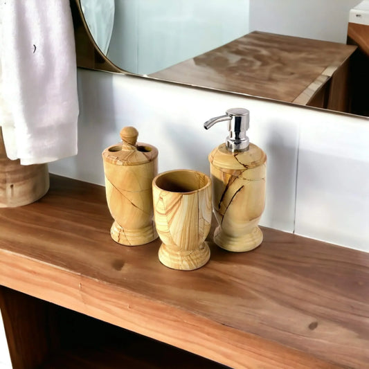 3-Piece Bathroom Accessory Set - Teak Marble - Nature Home Decor