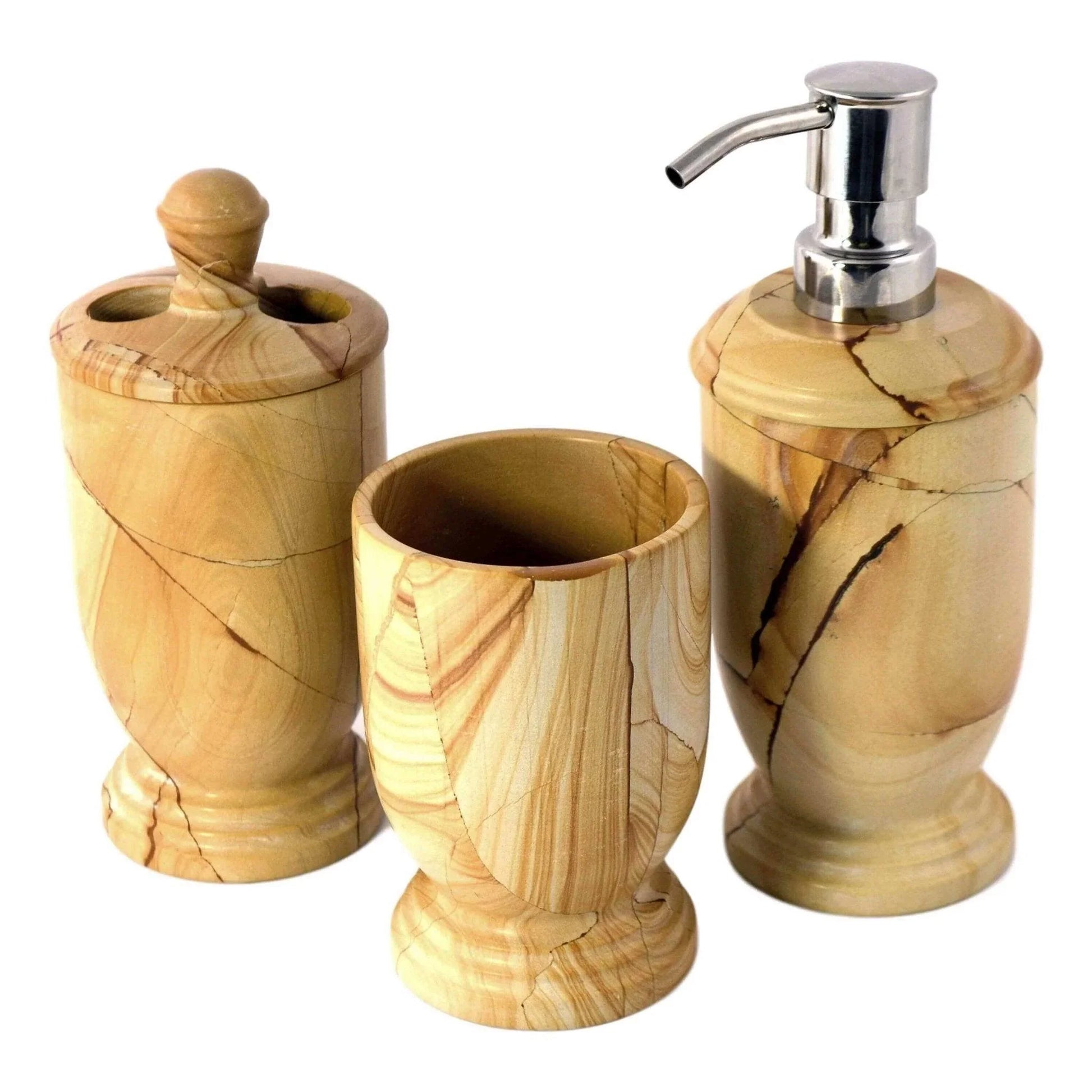 3-Piece Bathroom Accessory Set - Teak Marble - Nature Home Decor