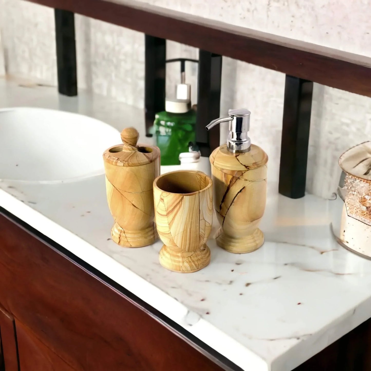 3-Piece Bathroom Accessory Set - Teak Marble - Nature Home Decor
