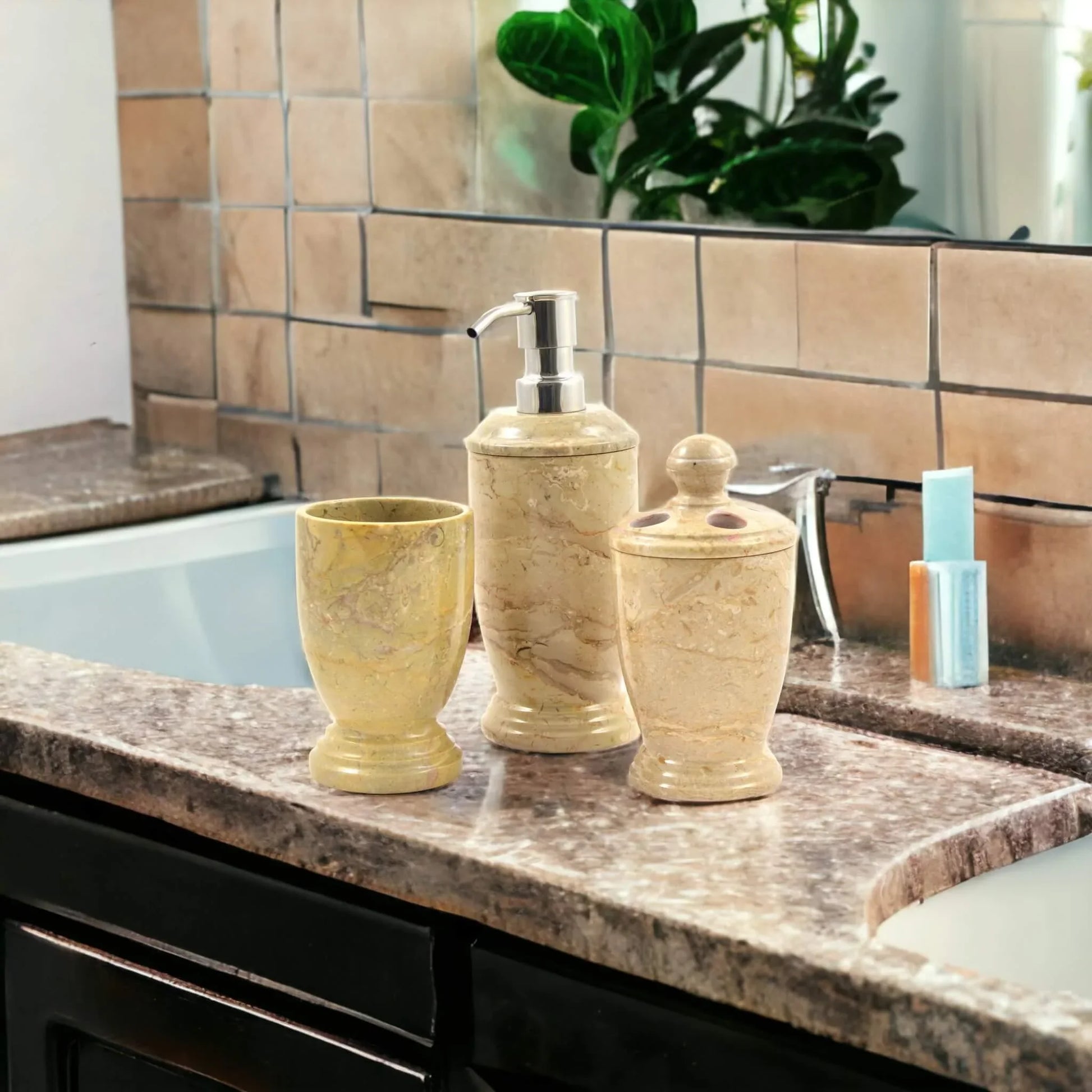 3 Piece Bathroom Set - Sahara Beige Marble - Nature Home Decor