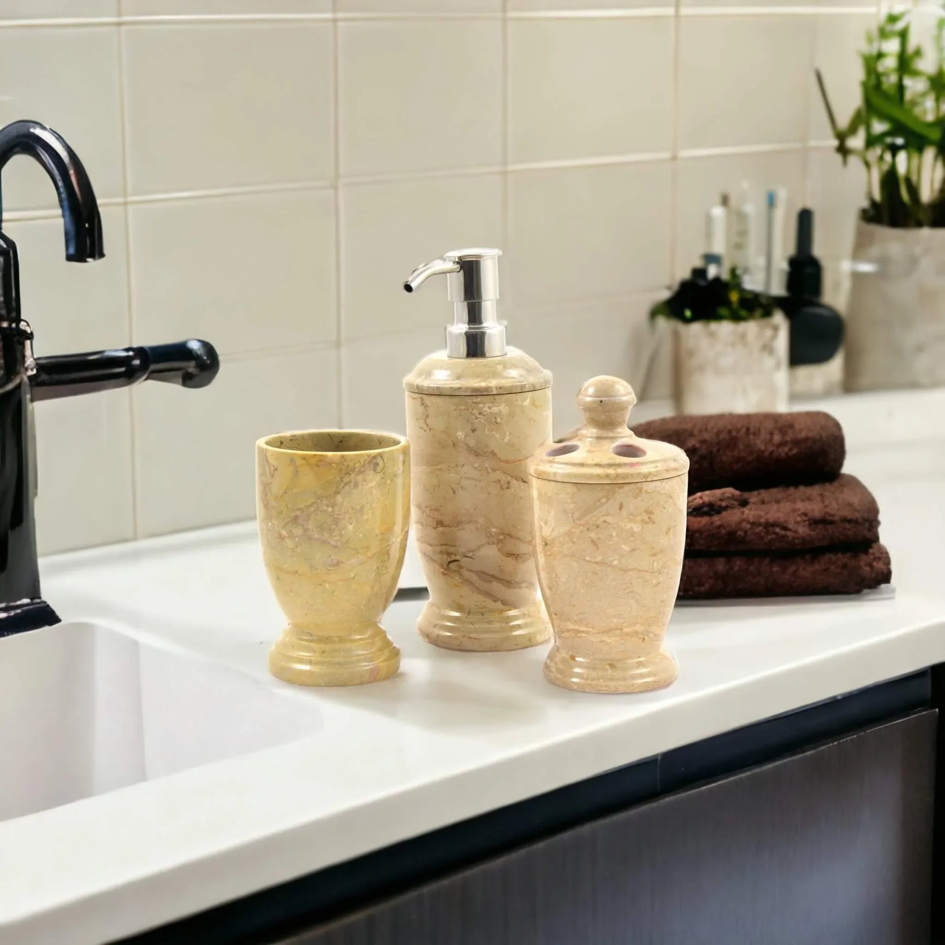3 Piece Bathroom Set - Sahara Beige Marble - Nature Home Decor