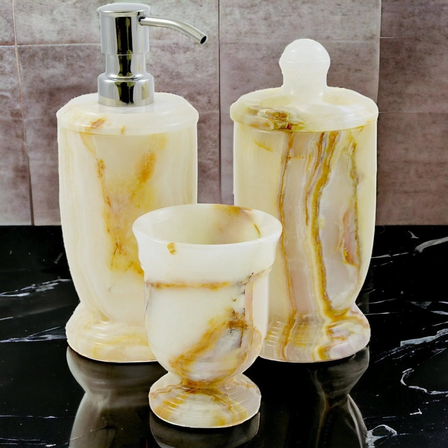3 Piece Bathroom Set of White Marble - Atlantic Collection - Nature Home Decor