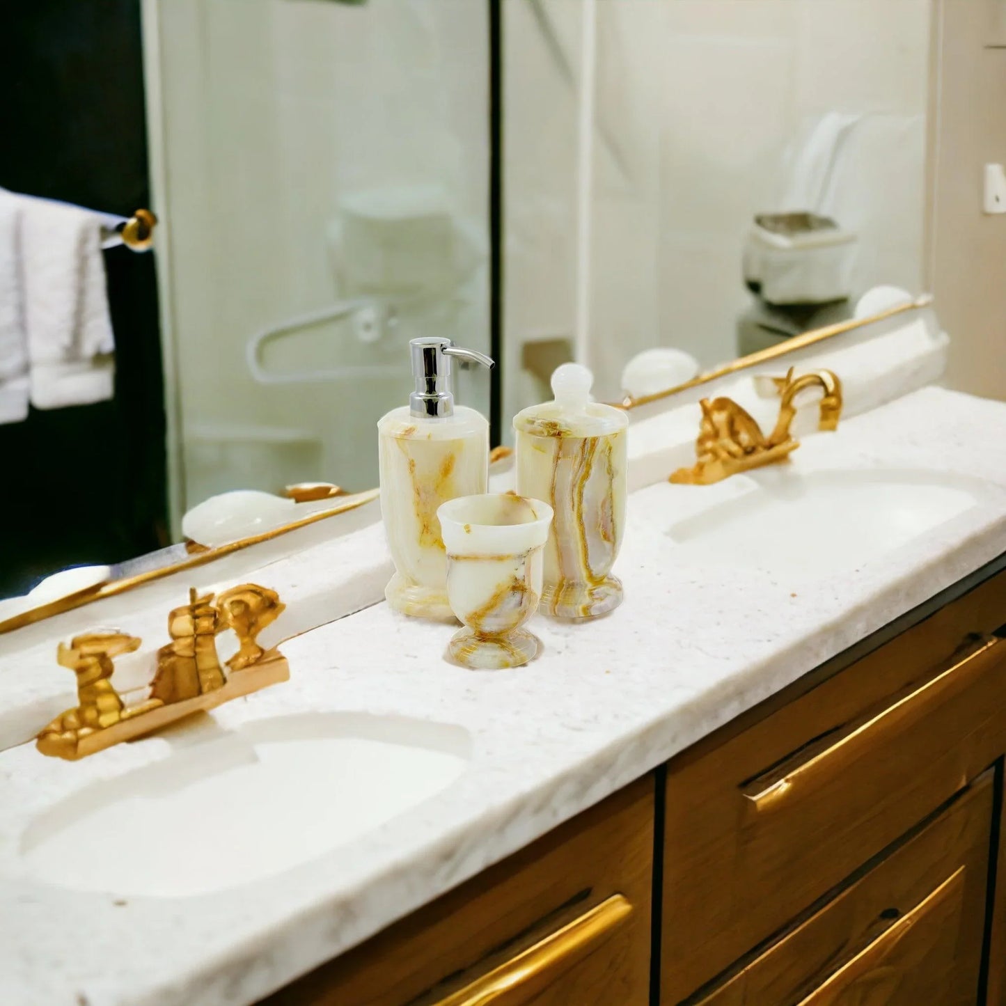 3 Piece Bathroom Set of White Marble - Atlantic Collection - Nature Home Decor