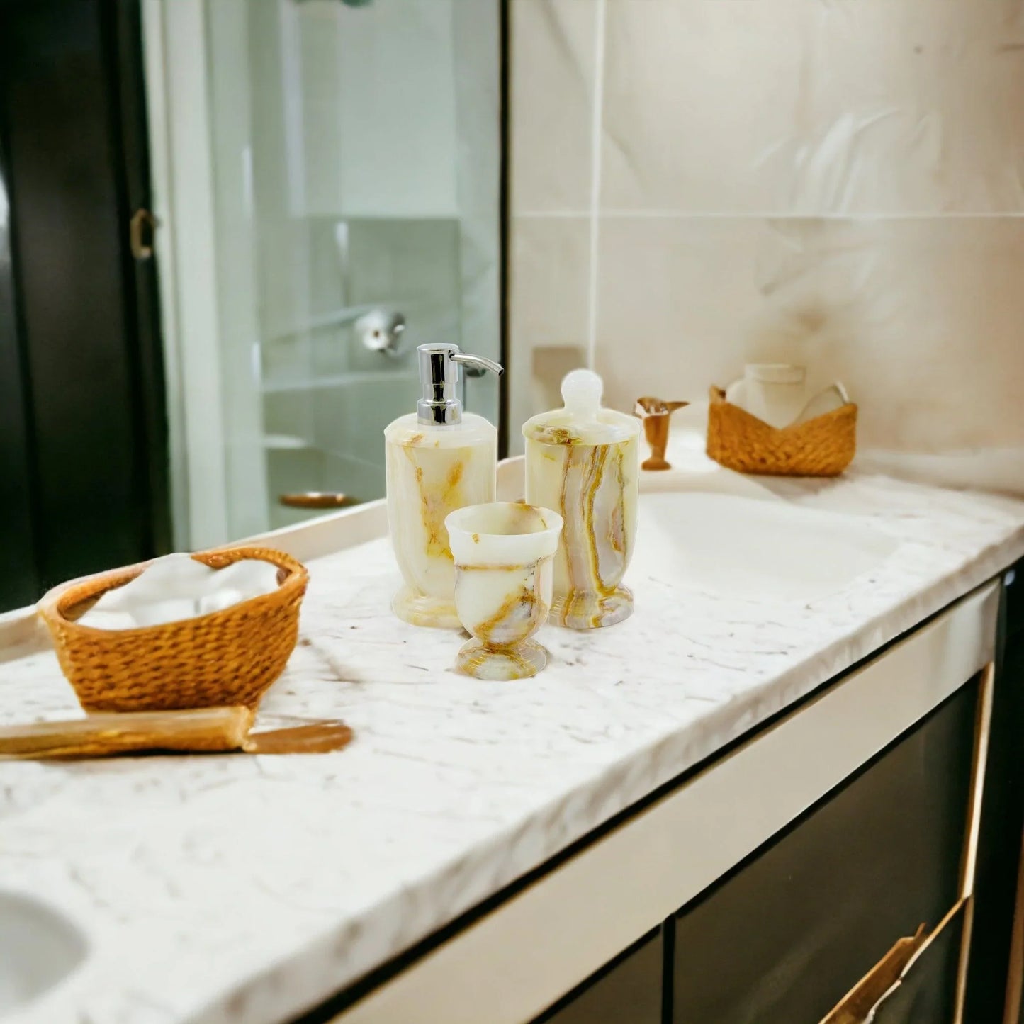 3 Piece Bathroom Set of White Marble - Atlantic Collection - Nature Home Decor