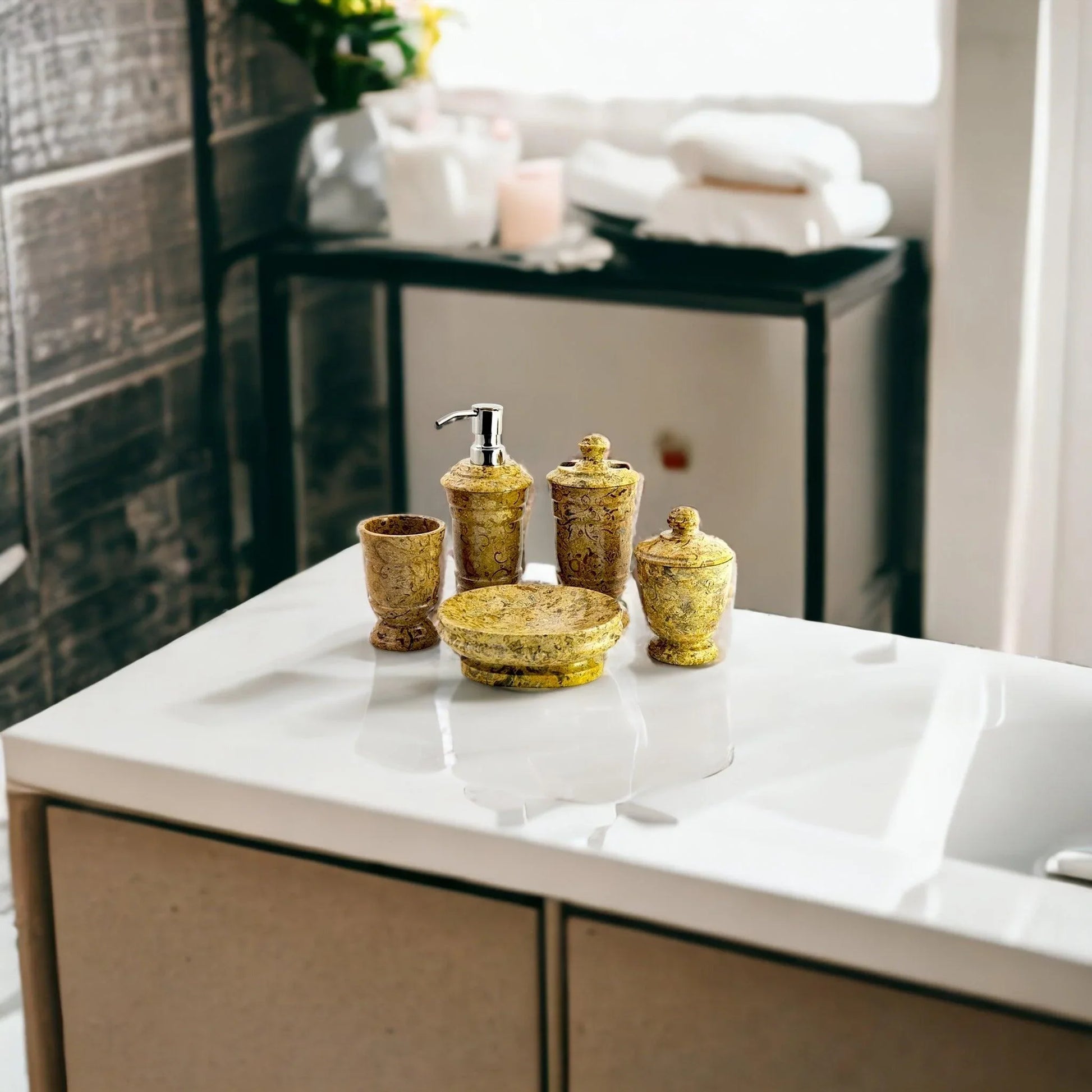 5-Piece Bathroom Accessories Set in Fossil Stone - Nature Home Decor