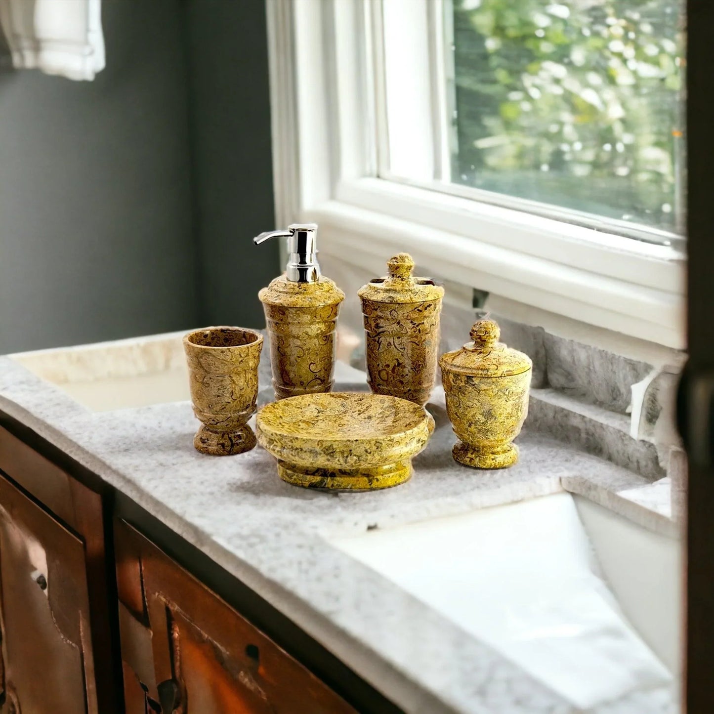5-Piece Bathroom Accessories Set in Fossil Stone - Nature Home Decor