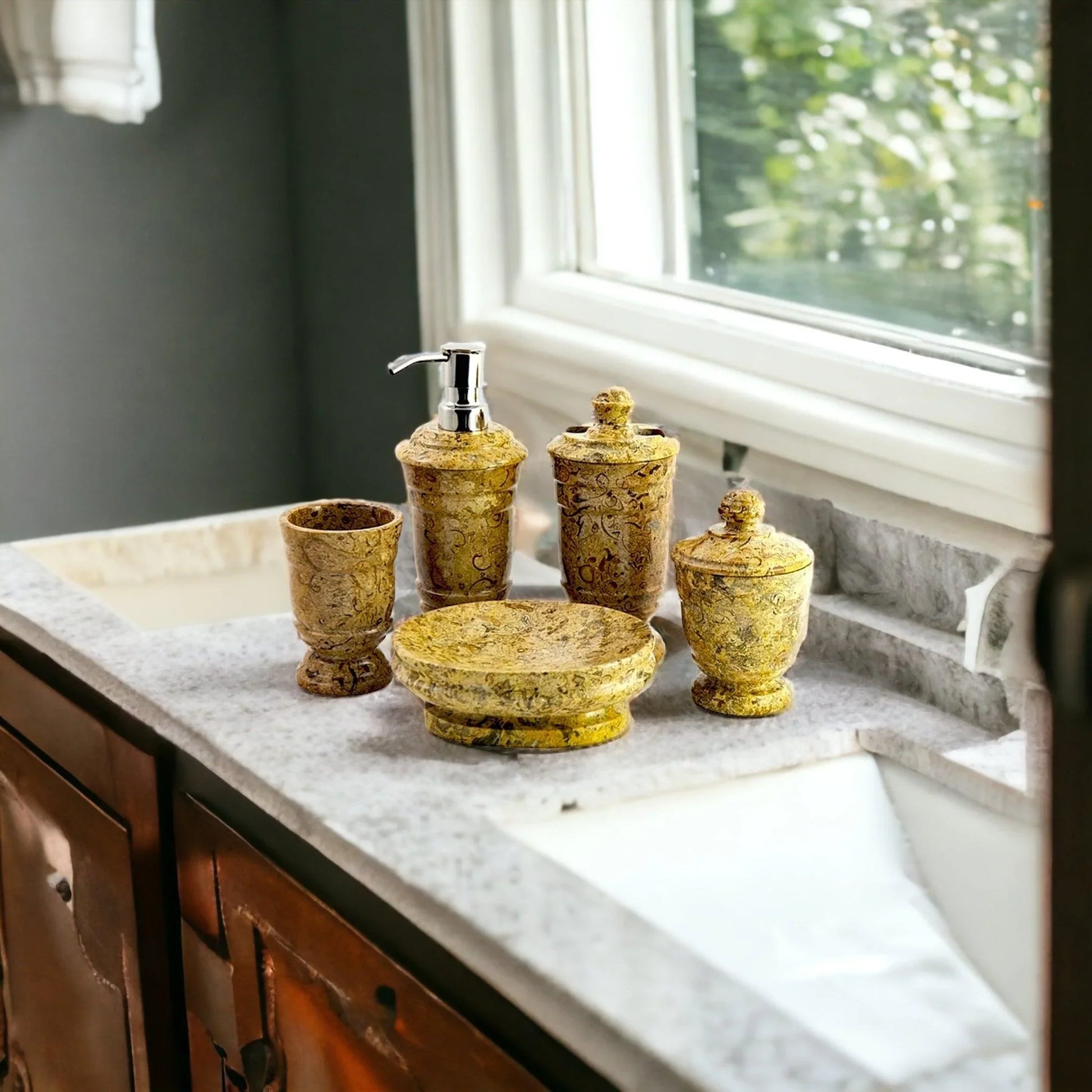 5-Piece Bathroom Accessories Set in Fossil Stone - Nature Home Decor