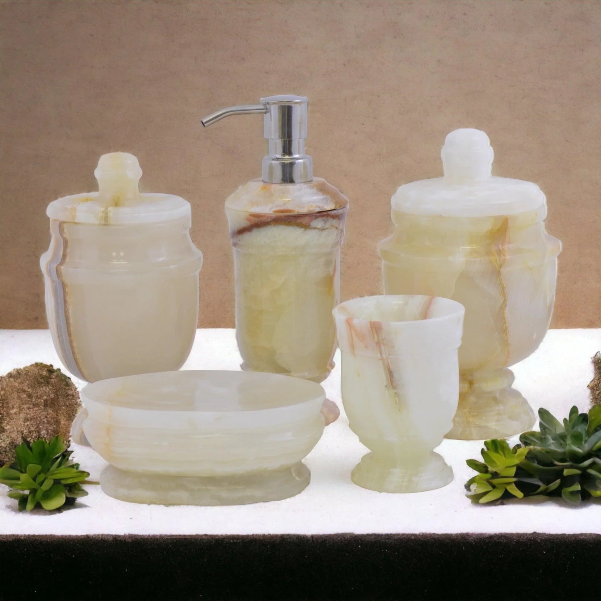 5-Piece bathroom Accessories Set of White Onyx - Nature Home Decor