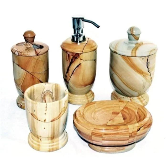 5 Piece Bathroom Accessory Set Crafted in Teak Marble - Nature Home Decor