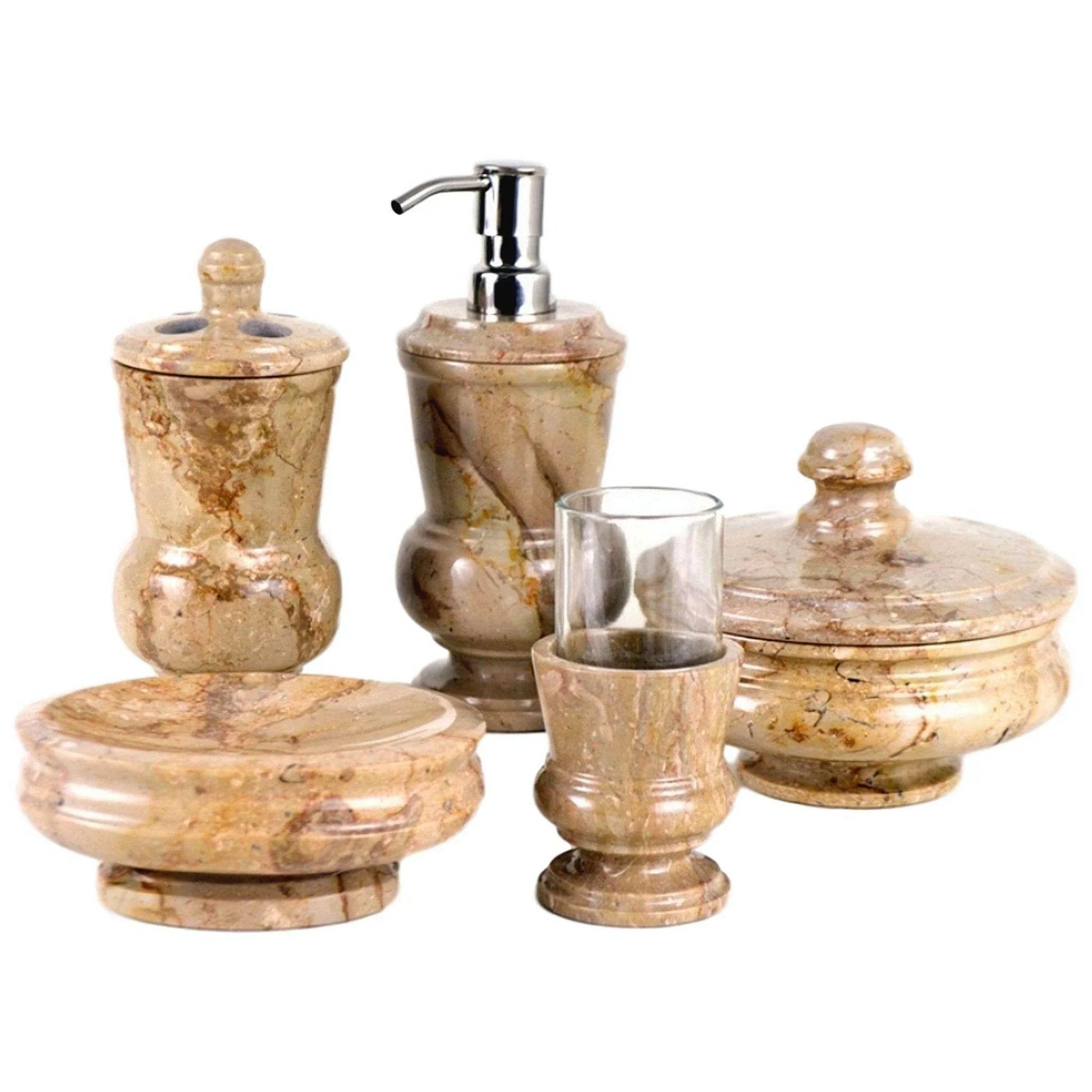 5 Piece Bathroom Accessory Set of Sahara Beige Marble - Nature Home Decor