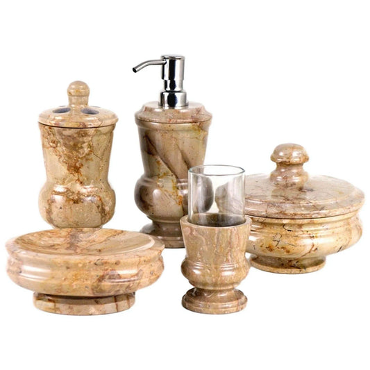 5 Piece Bathroom Accessory Set of Sahara Beige Marble - Nature Home Decor