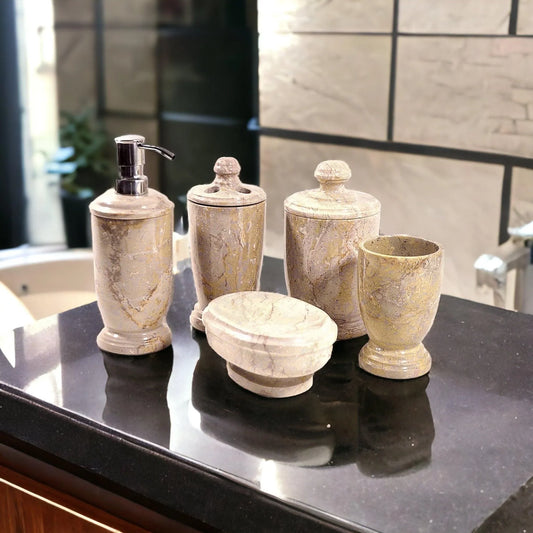 Sahara Beige Marble 5-Piece Bathroom Accessory Set of Atlantic Collection - Nature Home Decor