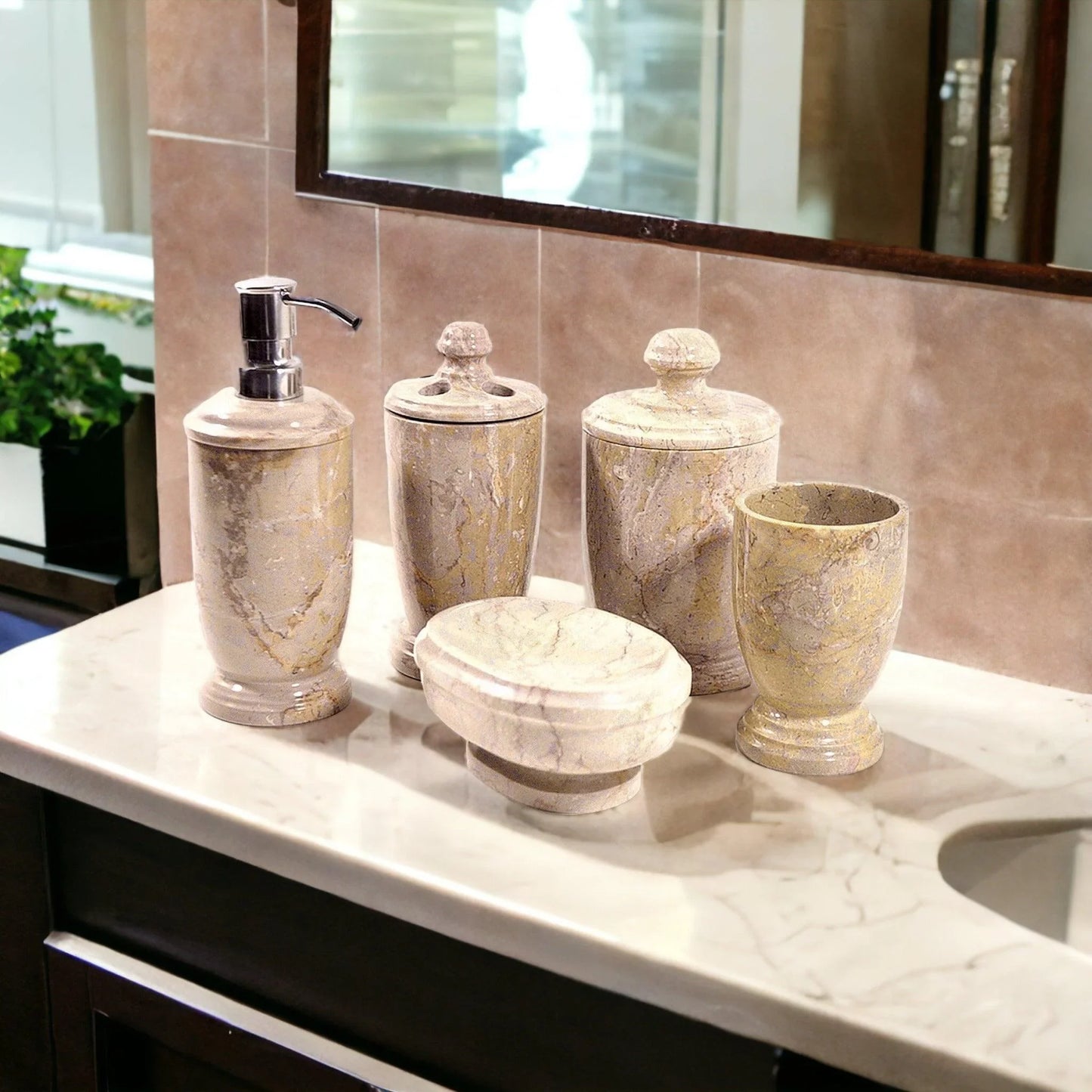 Sahara Beige Marble 5-Piece Bathroom Accessory Set of Atlantic Collection - Nature Home Decor