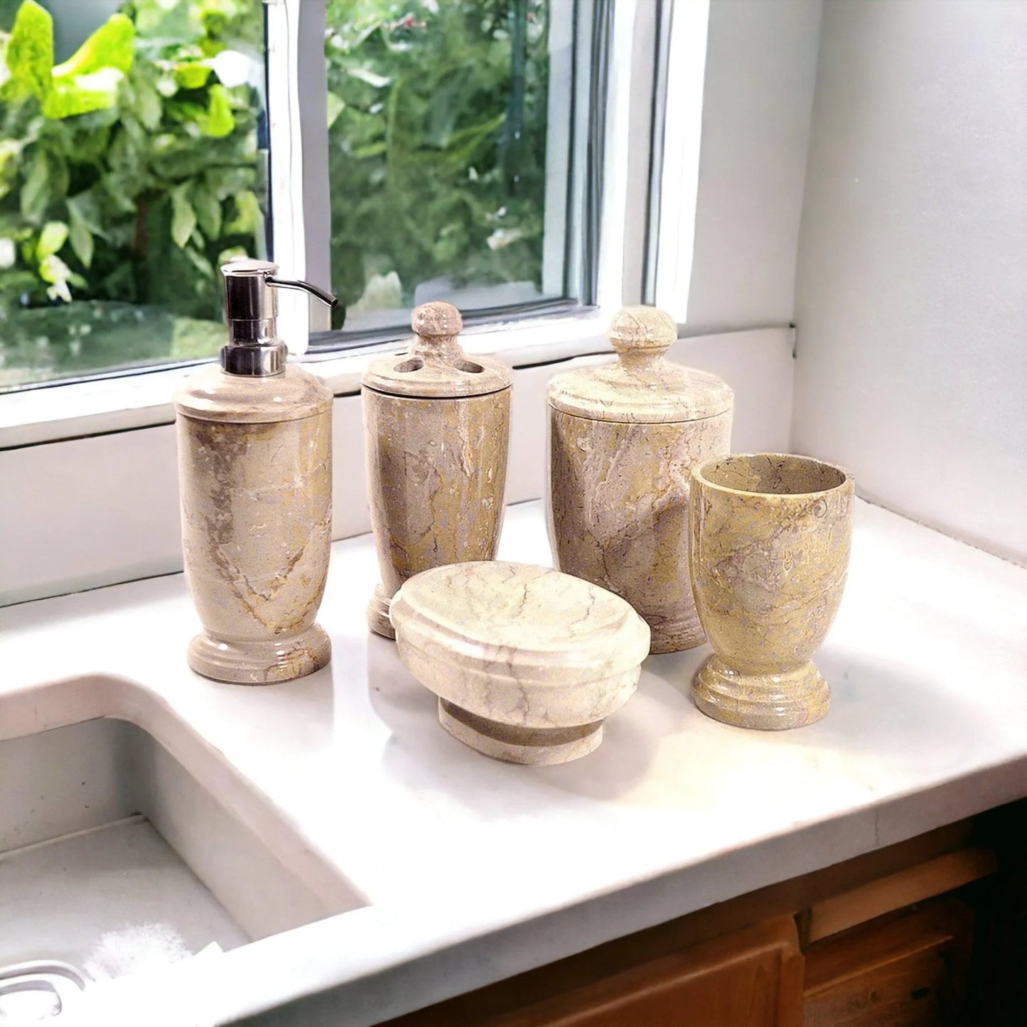Sahara Beige Marble 5-Piece Bathroom Accessory Set of Atlantic Collection - Nature Home Decor