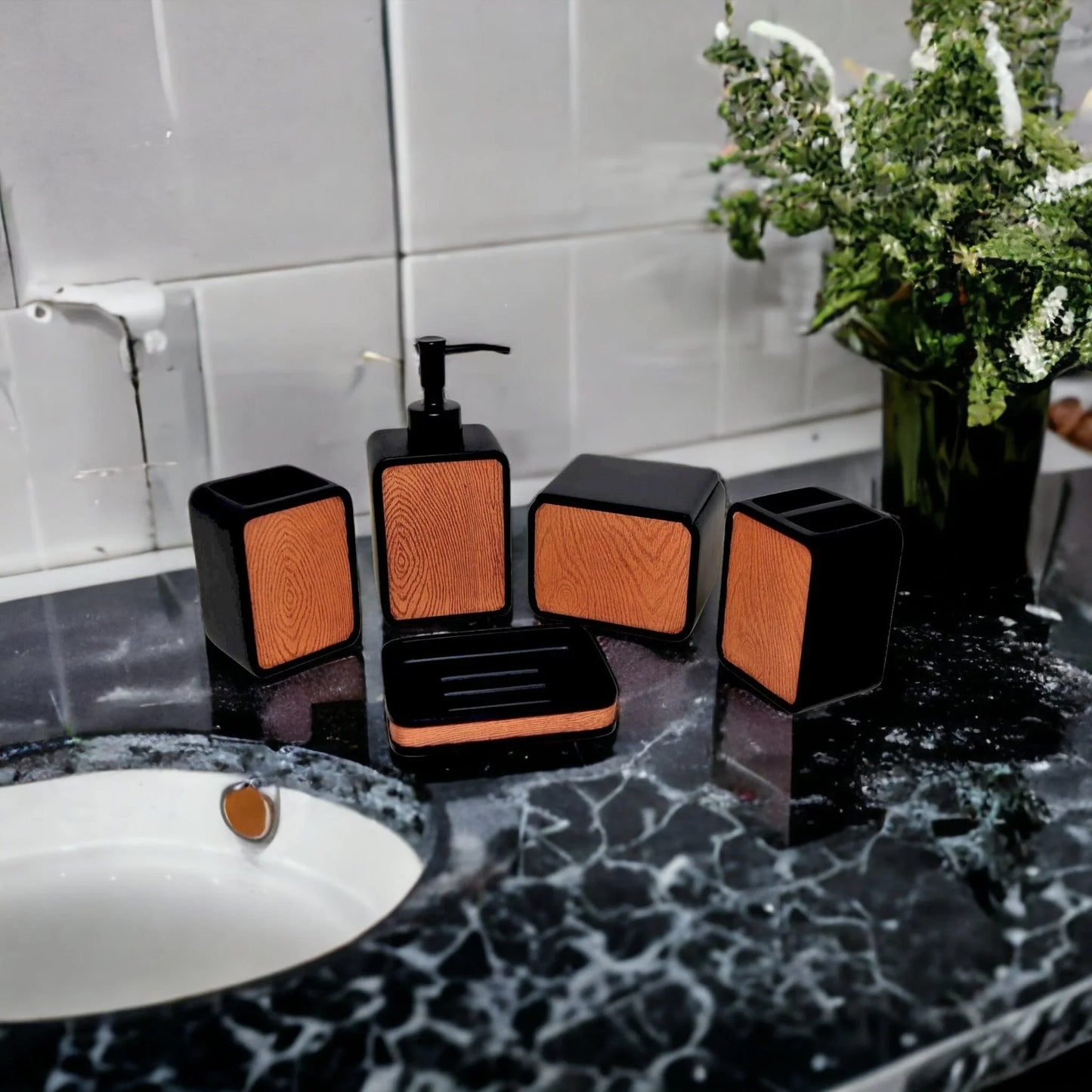 5-Piece Bathroom Set of Wood Finish - Nature Home decor
