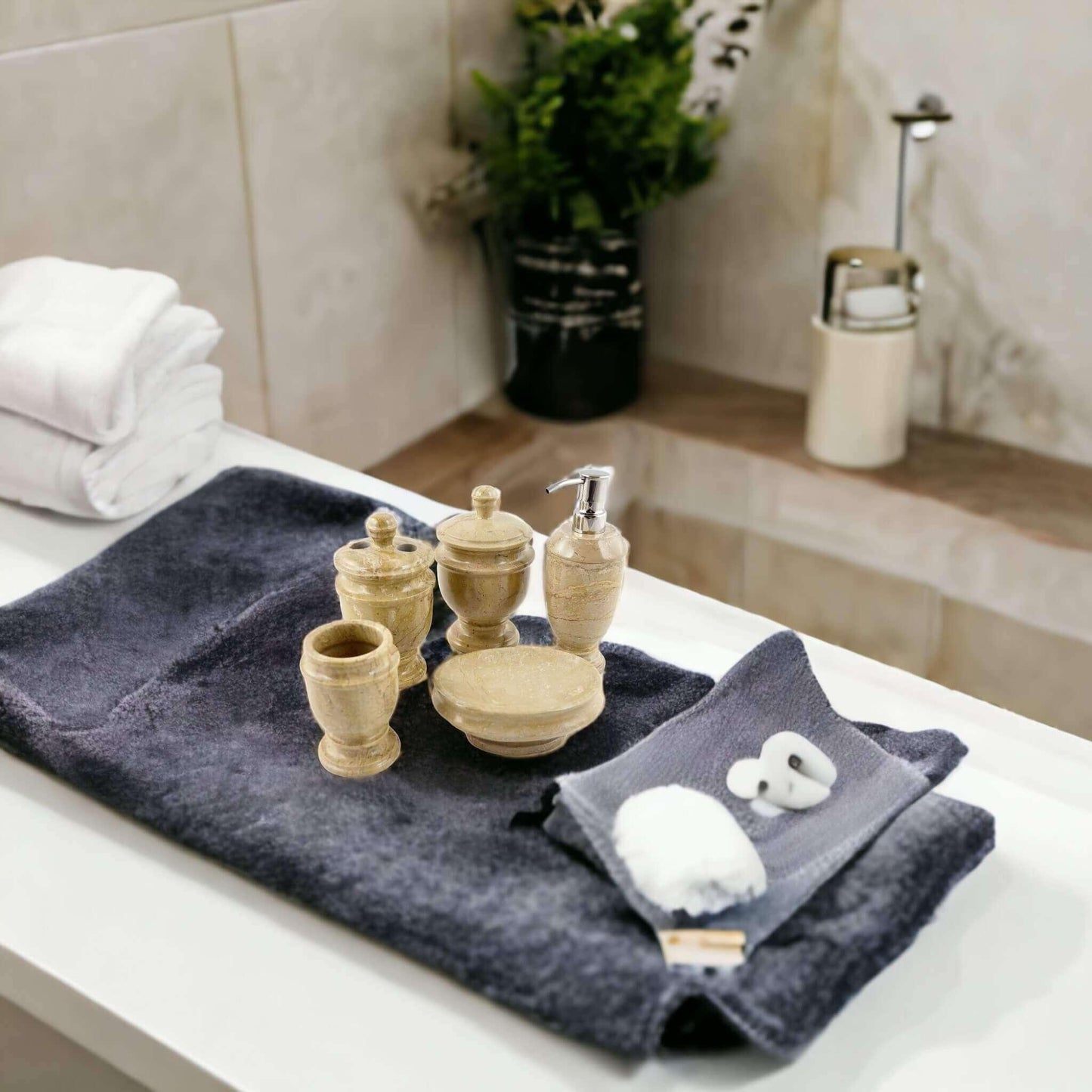 5 Piece Bathroom Set | Beige Marble - Nature Home Decor