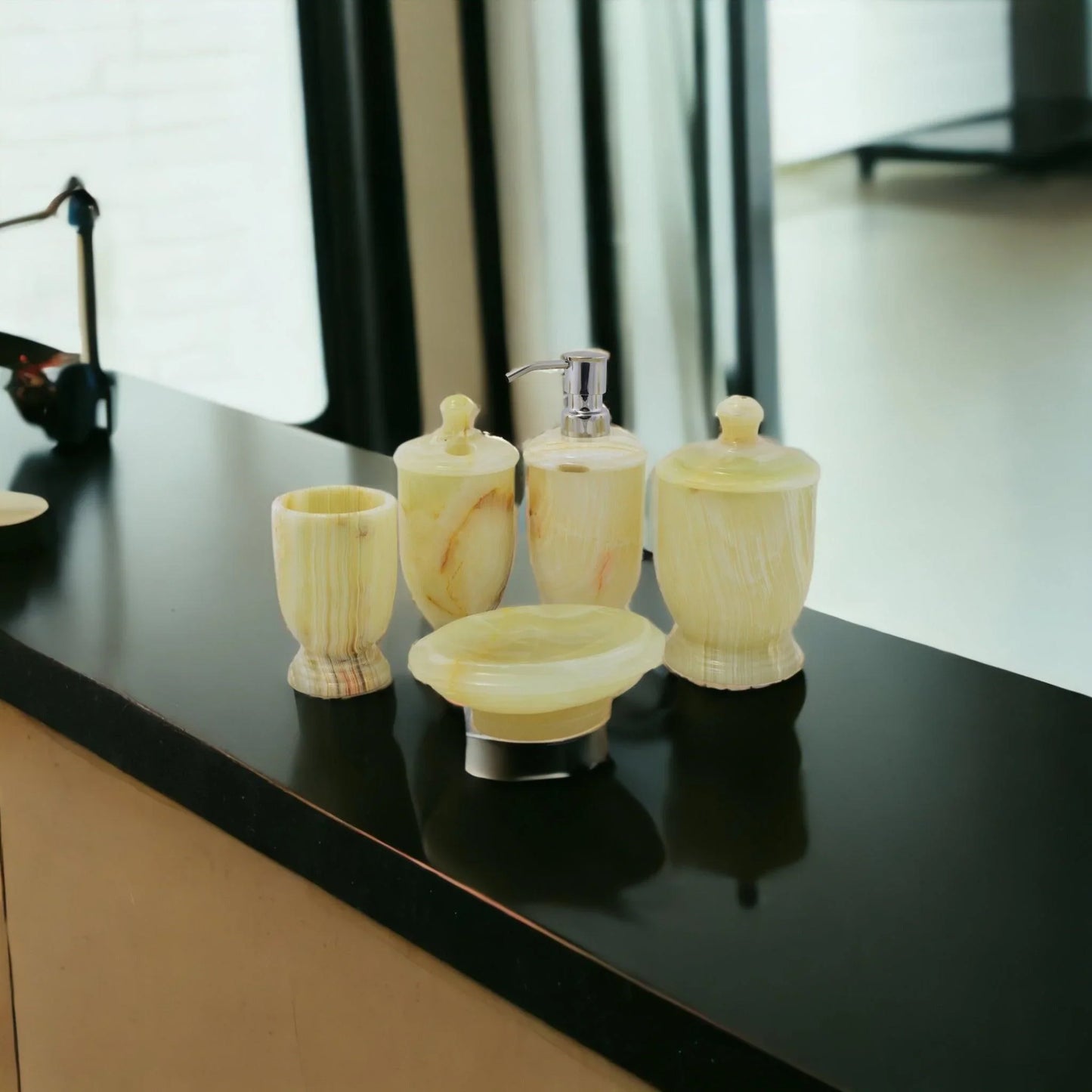 Bathroom Accessory Set of Elegant Pistachio Onyx - Nature Home Decor