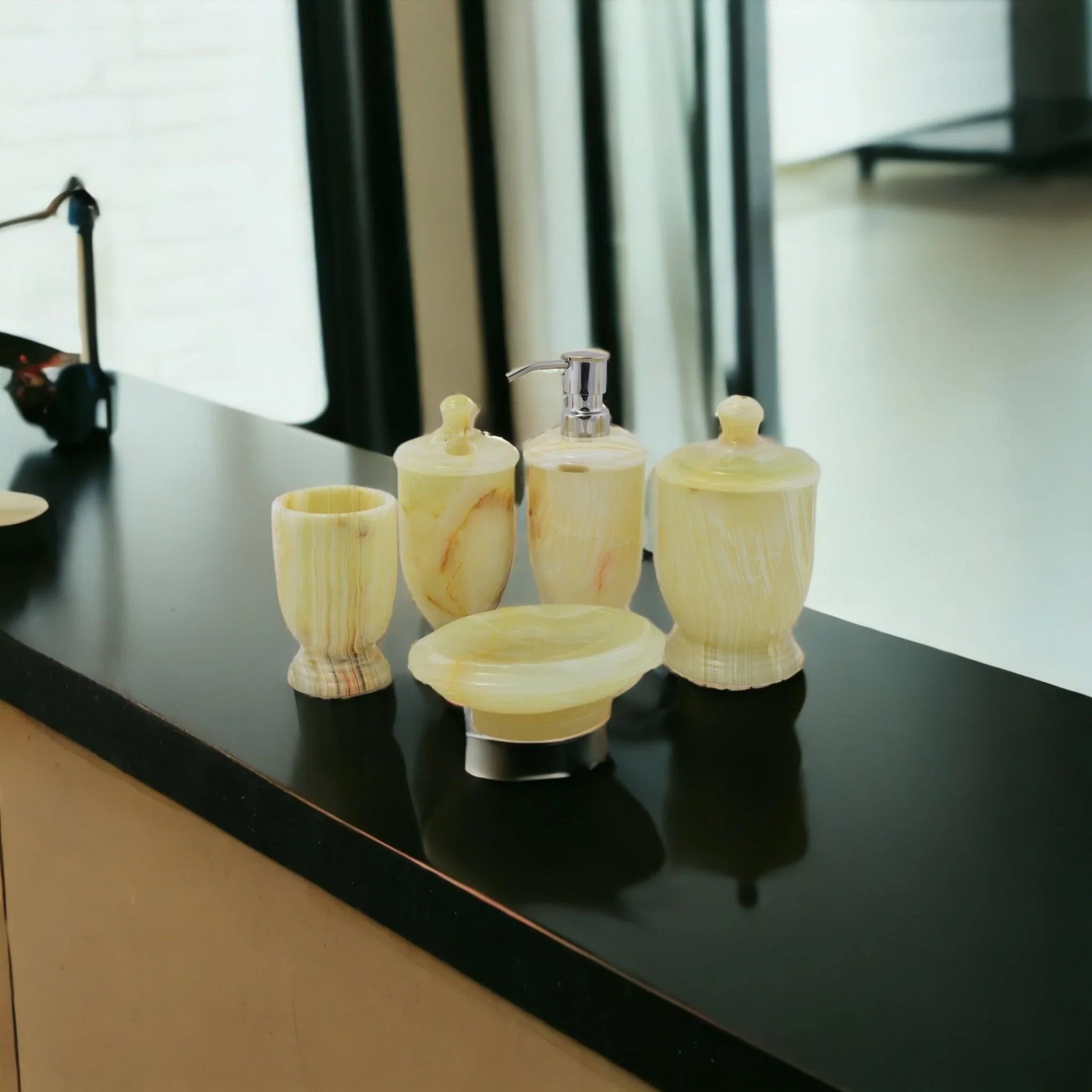 Bathroom Accessory Set of Elegant Pistachio Onyx - Nature Home Decor