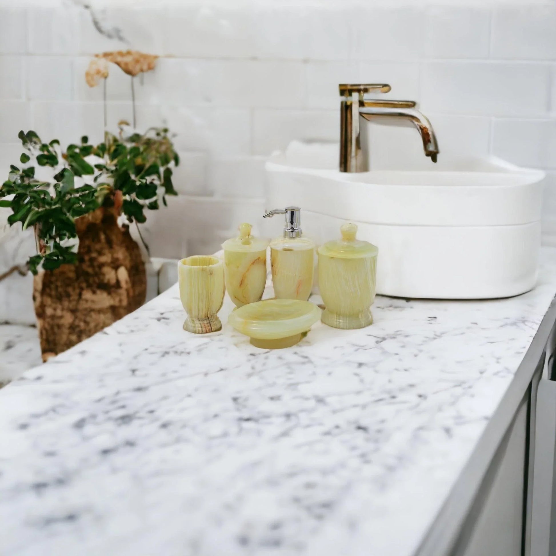 Bathroom Accessory Set of Elegant Pistachio Onyx - Nature Home Decor