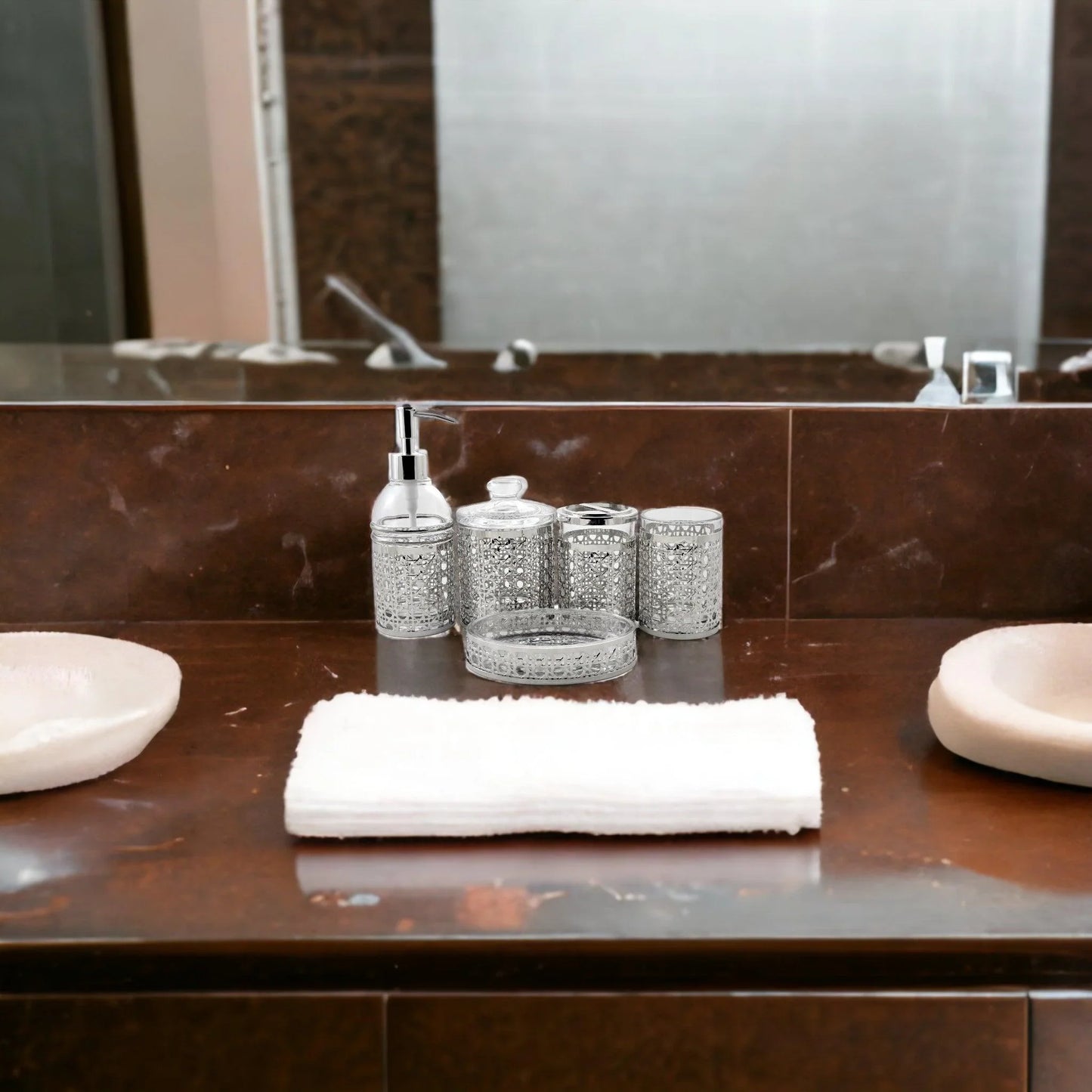 5 Piece Bathroom Set of Glass with Metal Accents - Nature Home Decor