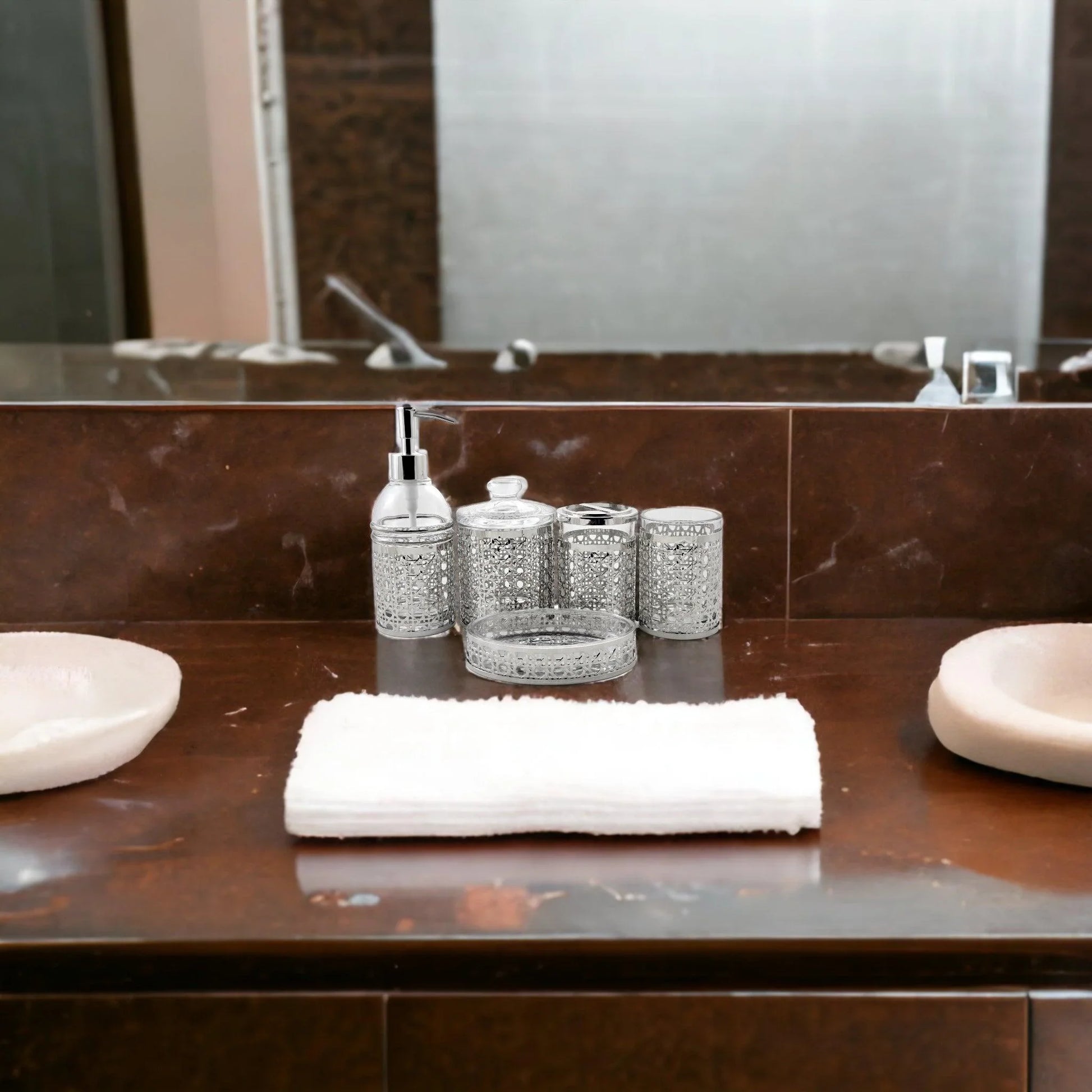 5 Piece Bathroom Set of Glass with Metal Accents - Nature Home Decor