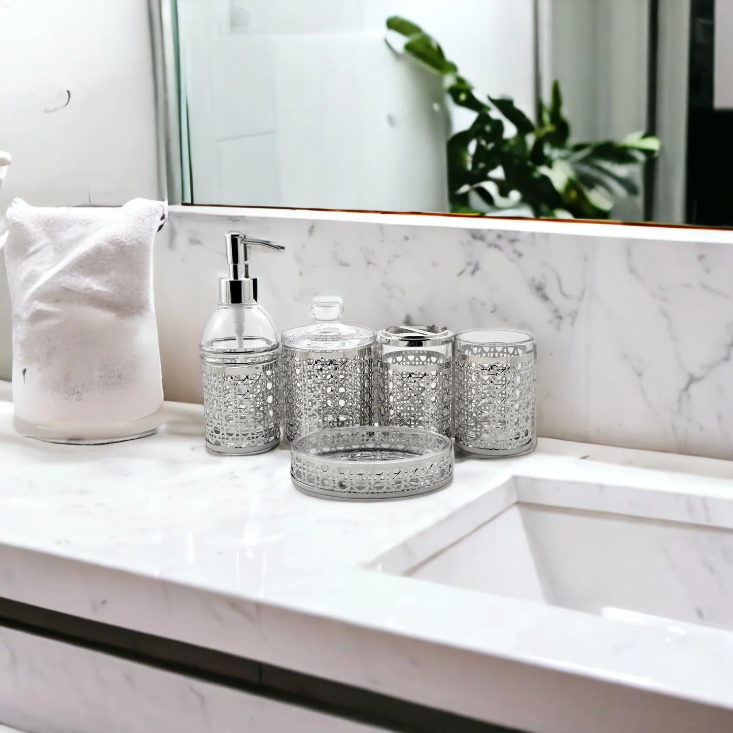 5 Piece Bathroom Set of Glass with Metal Accents - Nature Home Decor