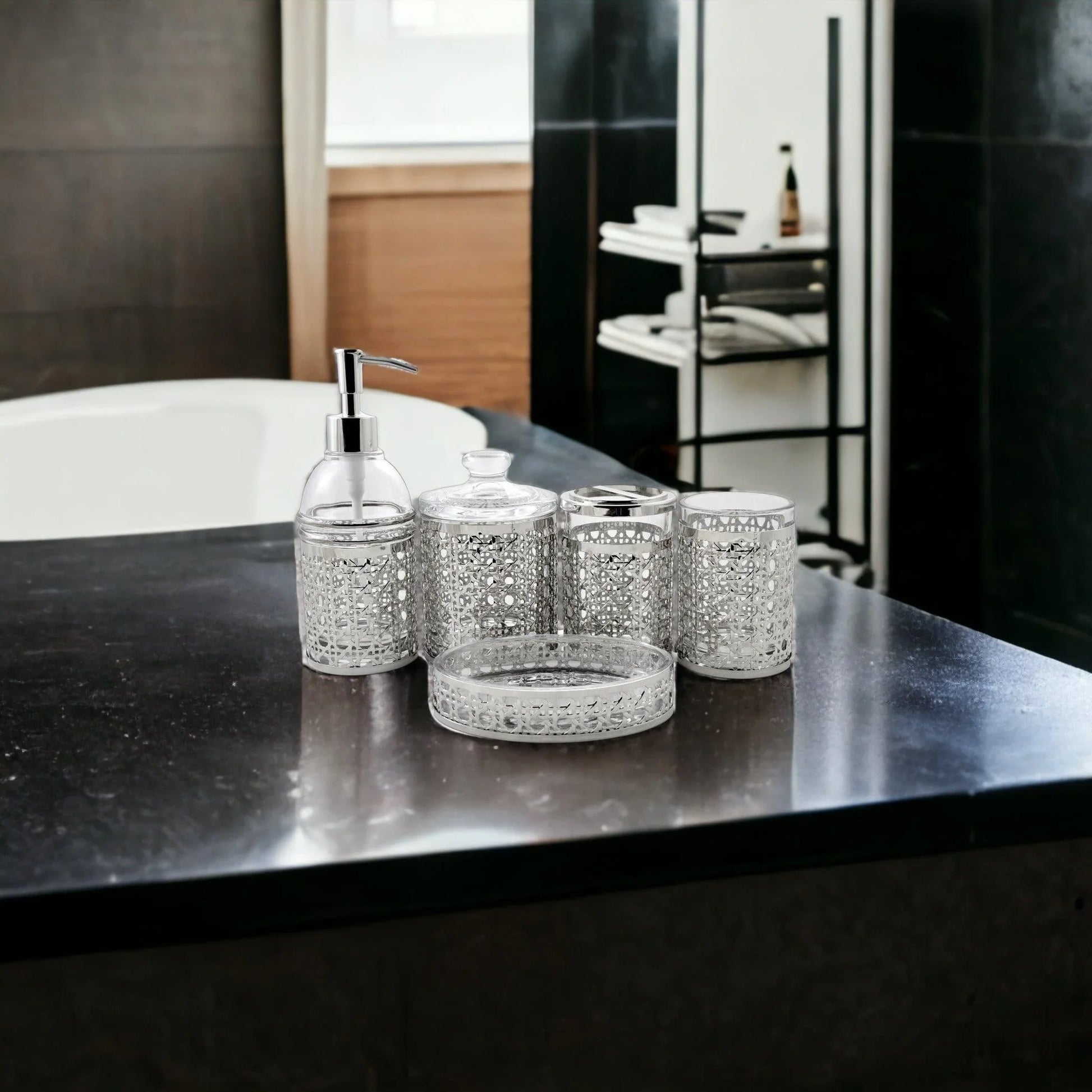 5 Piece Bathroom Set of Glass with Metal Accents - Nature Home Decor