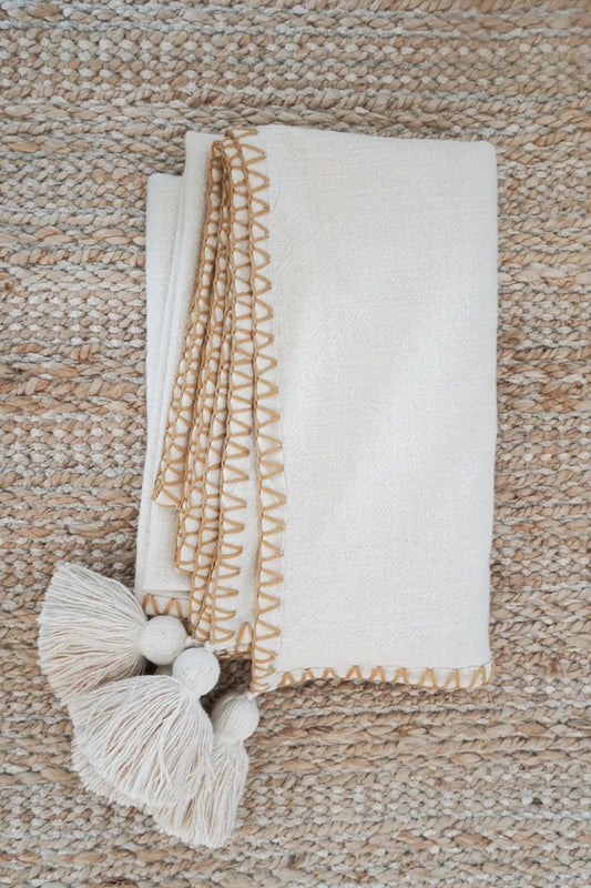 Blanket Stitch Throw with Tassels - Nature Home Decor