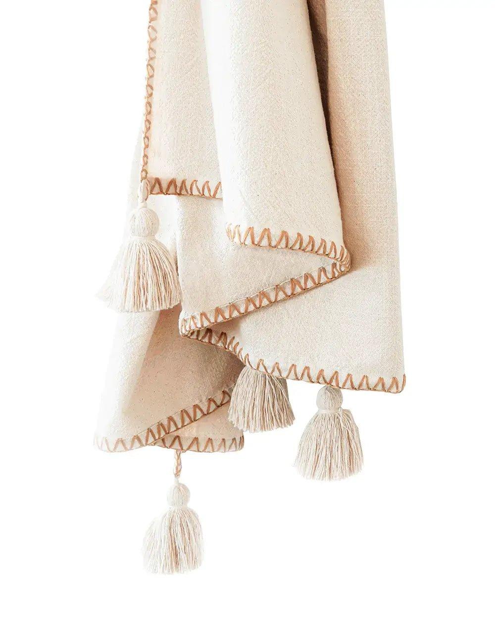 Blanket Stitch Throw with Tassels - Nature Home Decor