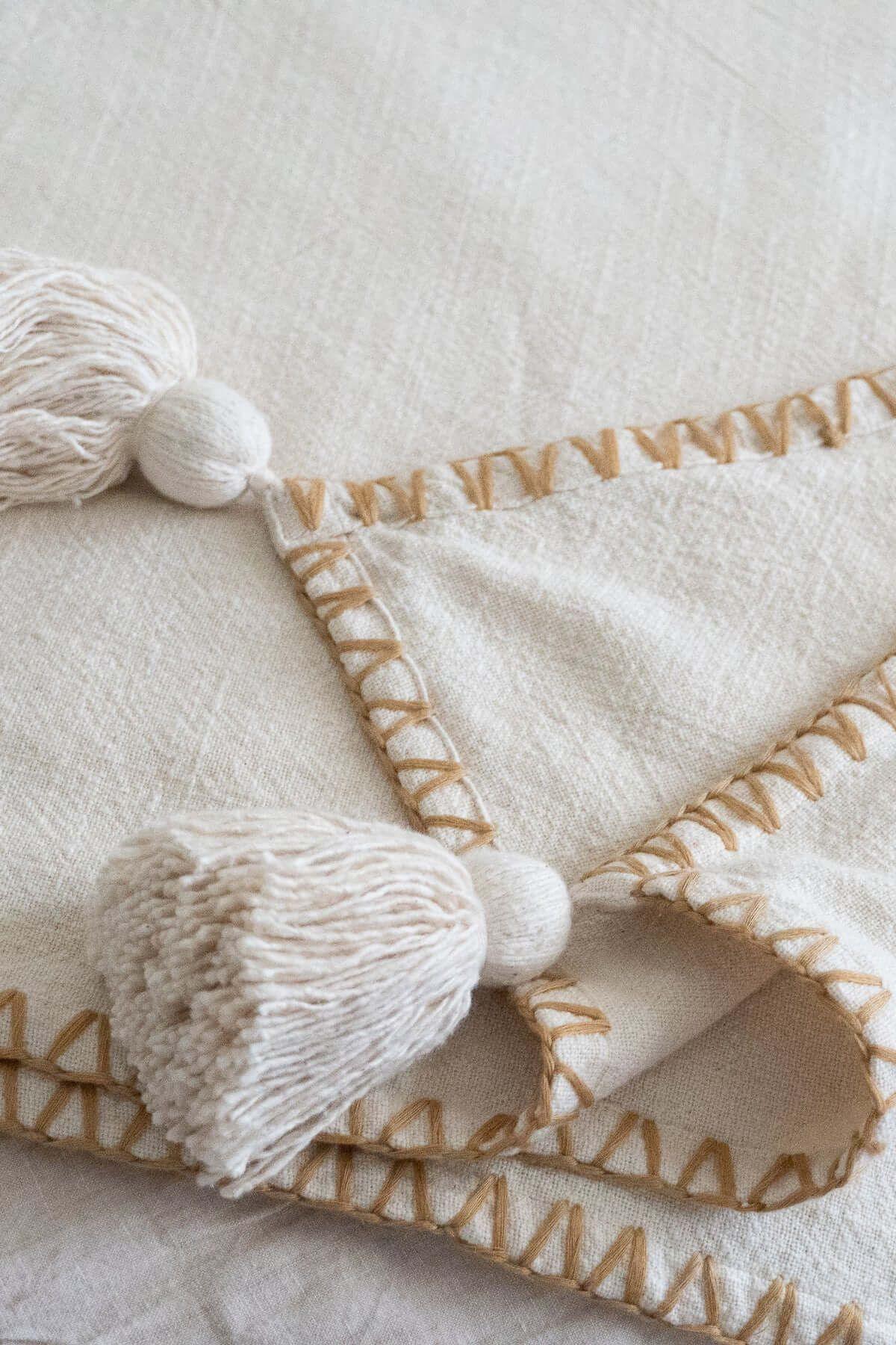 Blanket Stitch Throw with Tassels - Nature Home Decor