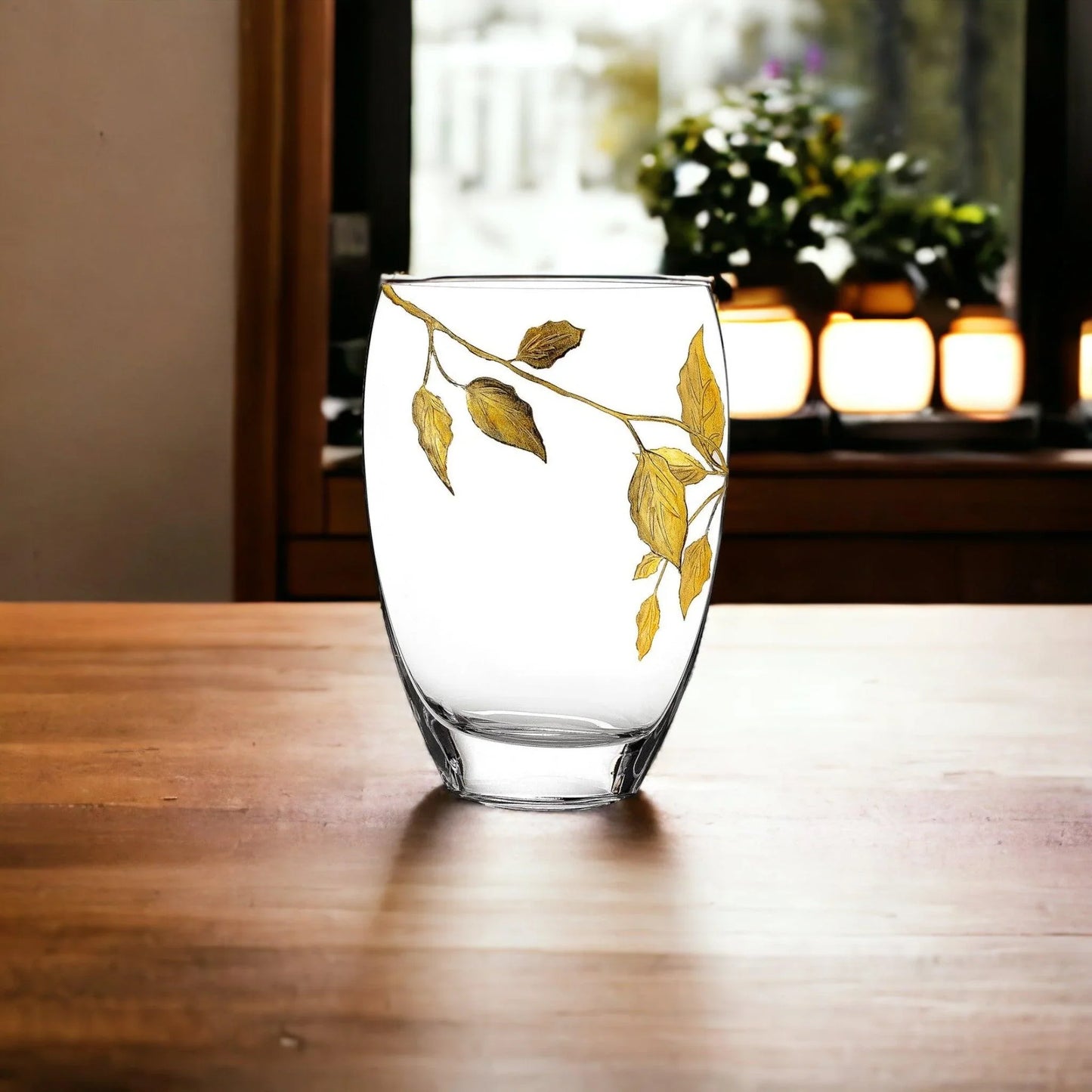 Decorative Vase | 12 inch Crystal Vase with Etched Gold Leaves Design - Nature Home Decor