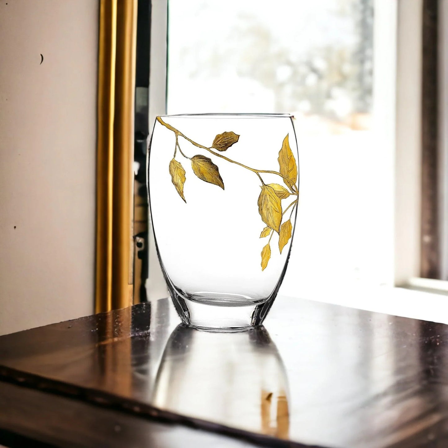 Decorative Vase | 12 inch Crystal Vase with Etched Gold Leaves Design - Nature Home Decor