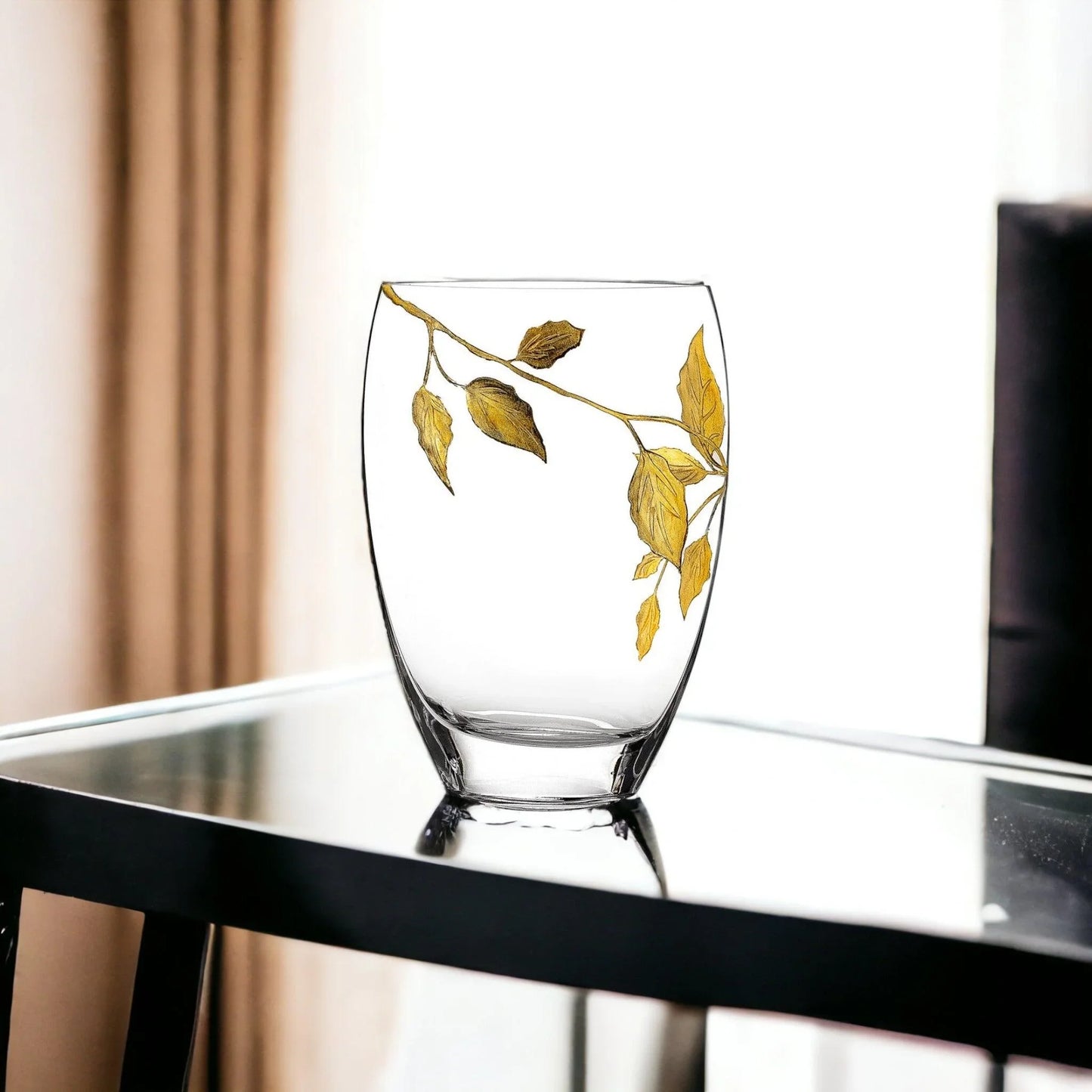 Decorative Vase | 12 inch Crystal Vase with Etched Gold Leaves Design - Nature Home Decor