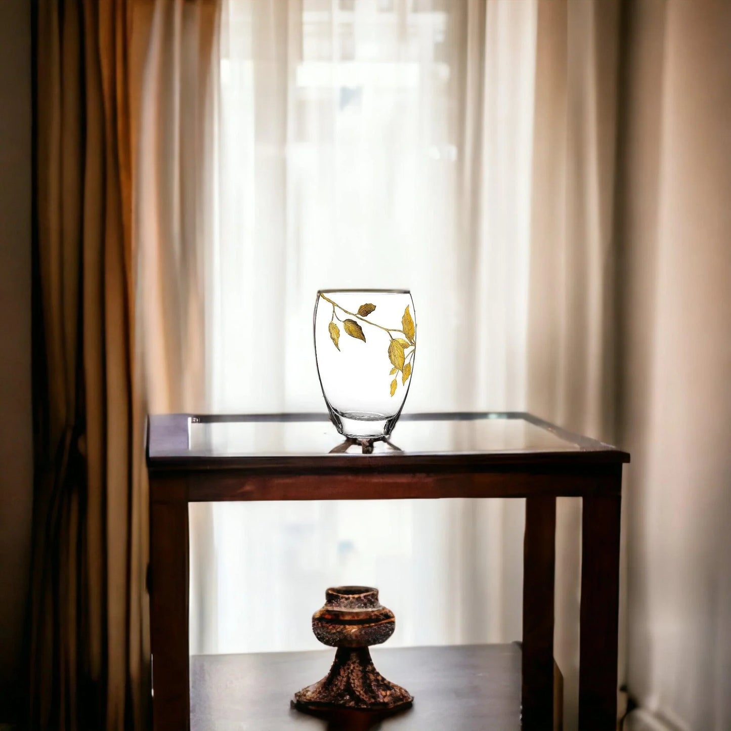 Decorative Vase | 12 inch Crystal Vase with Etched Gold Leaves Design - Nature Home Decor