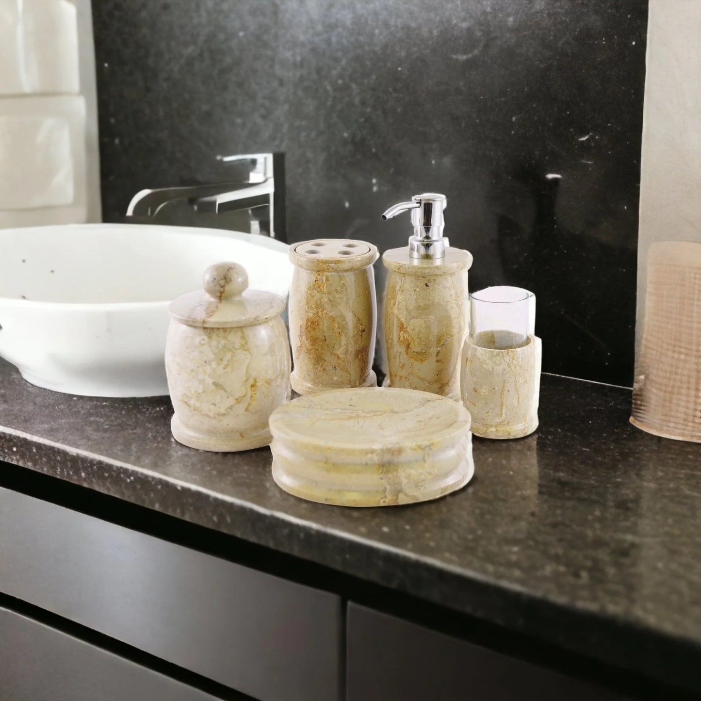 Elegant Bathroom Accessory Set of Sahara Beige Marble - Pacific Collection - Nature Home Decor