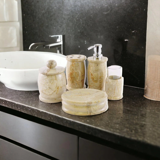 Elegant Bathroom Accessory Set of Sahara Beige Marble - Pacific Collection - Nature Home Decor