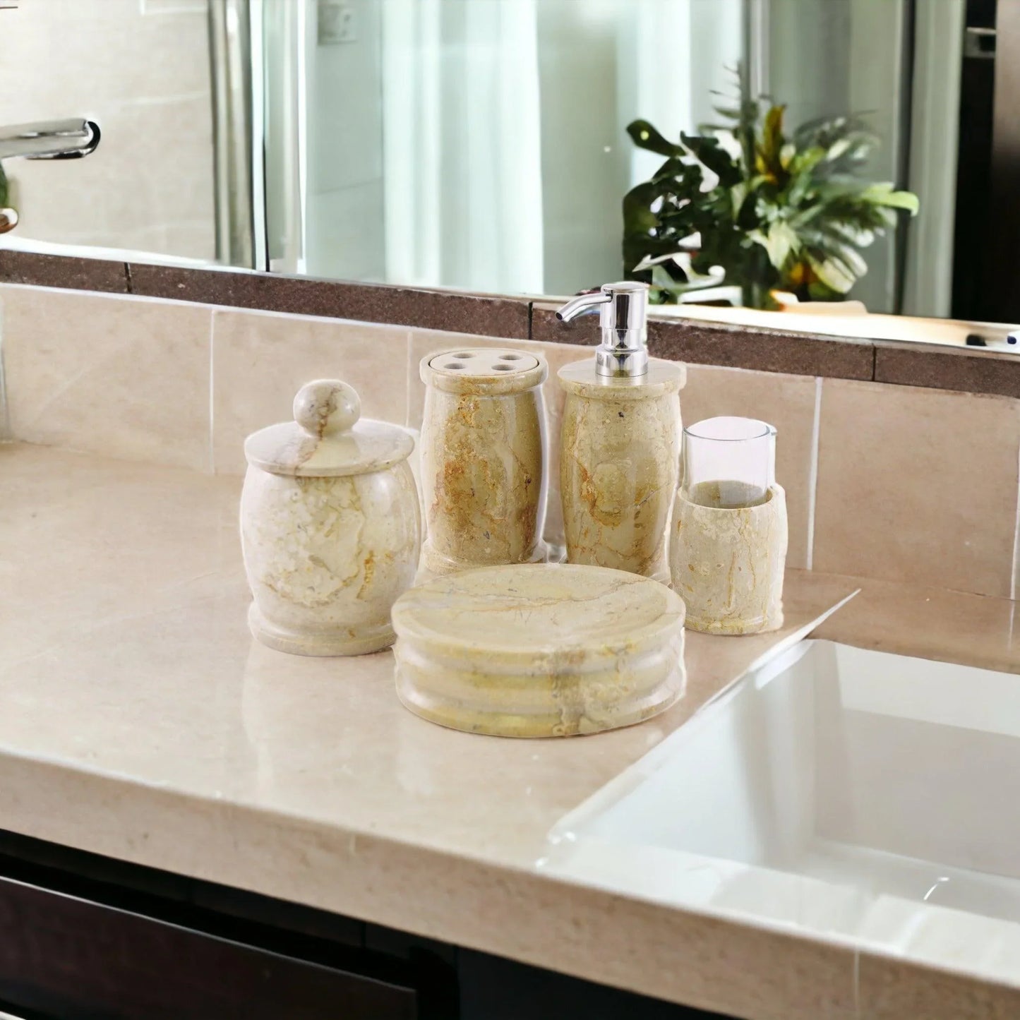Elegant Bathroom Accessory Set of Sahara Beige Marble - Pacific Collection - Nature Home Decor