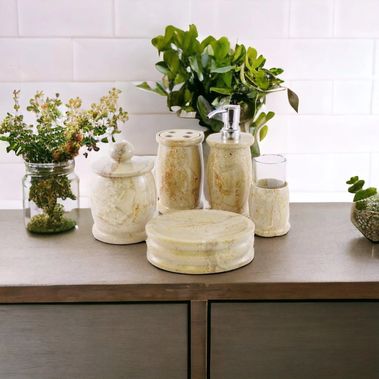 Elegant Bathroom Accessory Set of Sahara Beige Marble - Pacific Collection - Nature Home Decor