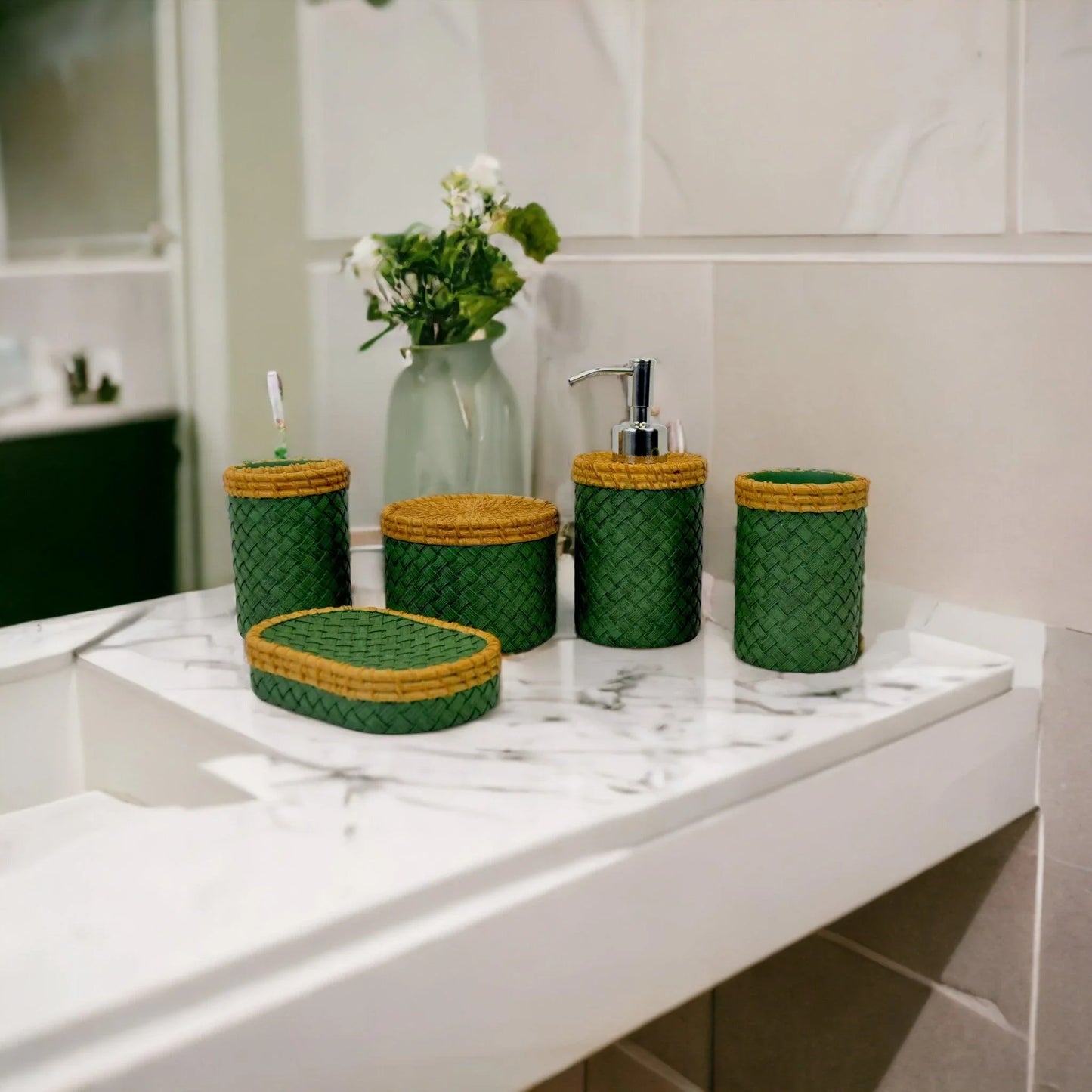 5-Piece Bath Set in Beige & Green Color- Nature Home Decor
