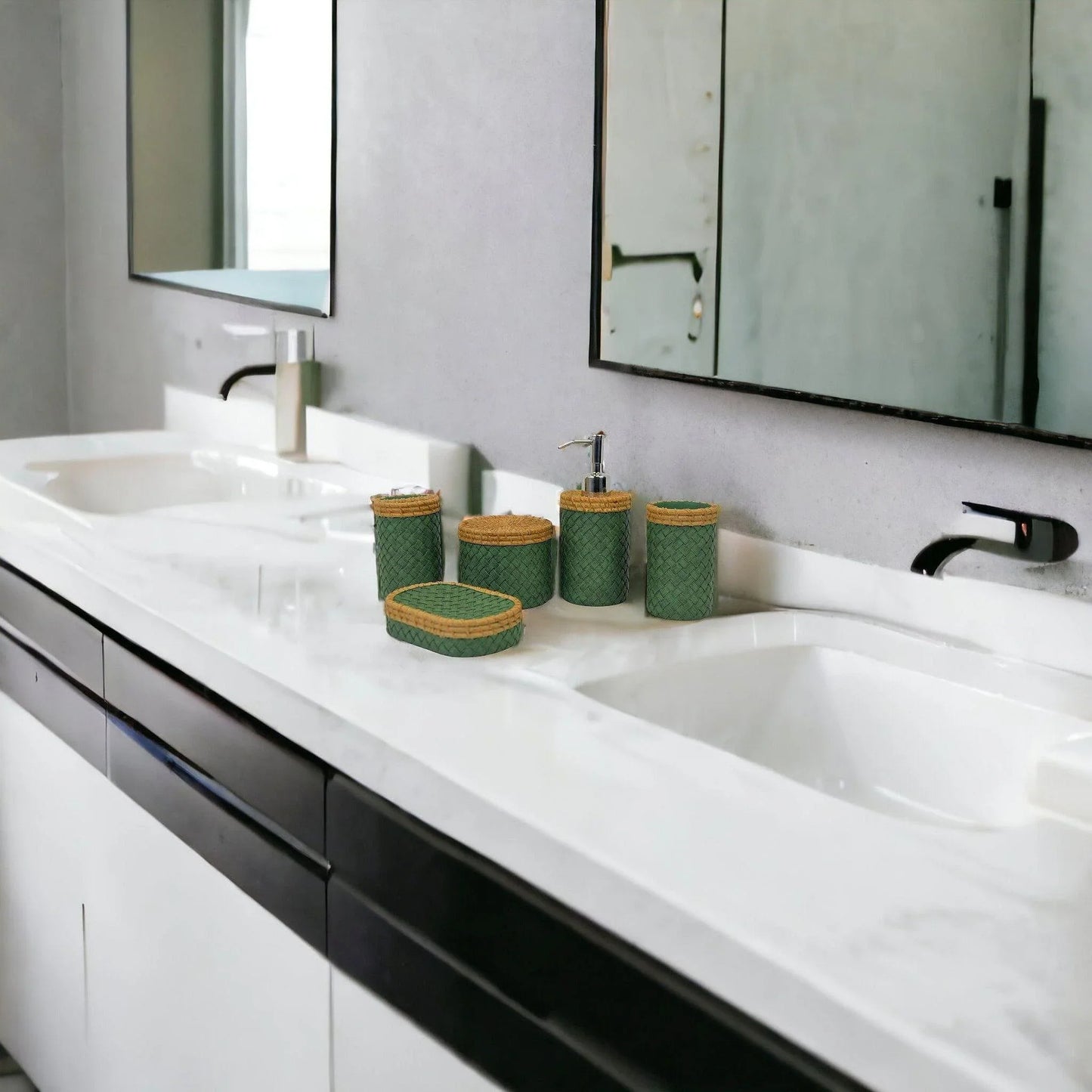 5-Piece Bath Set in Beige & Green Color- Nature Home Decor