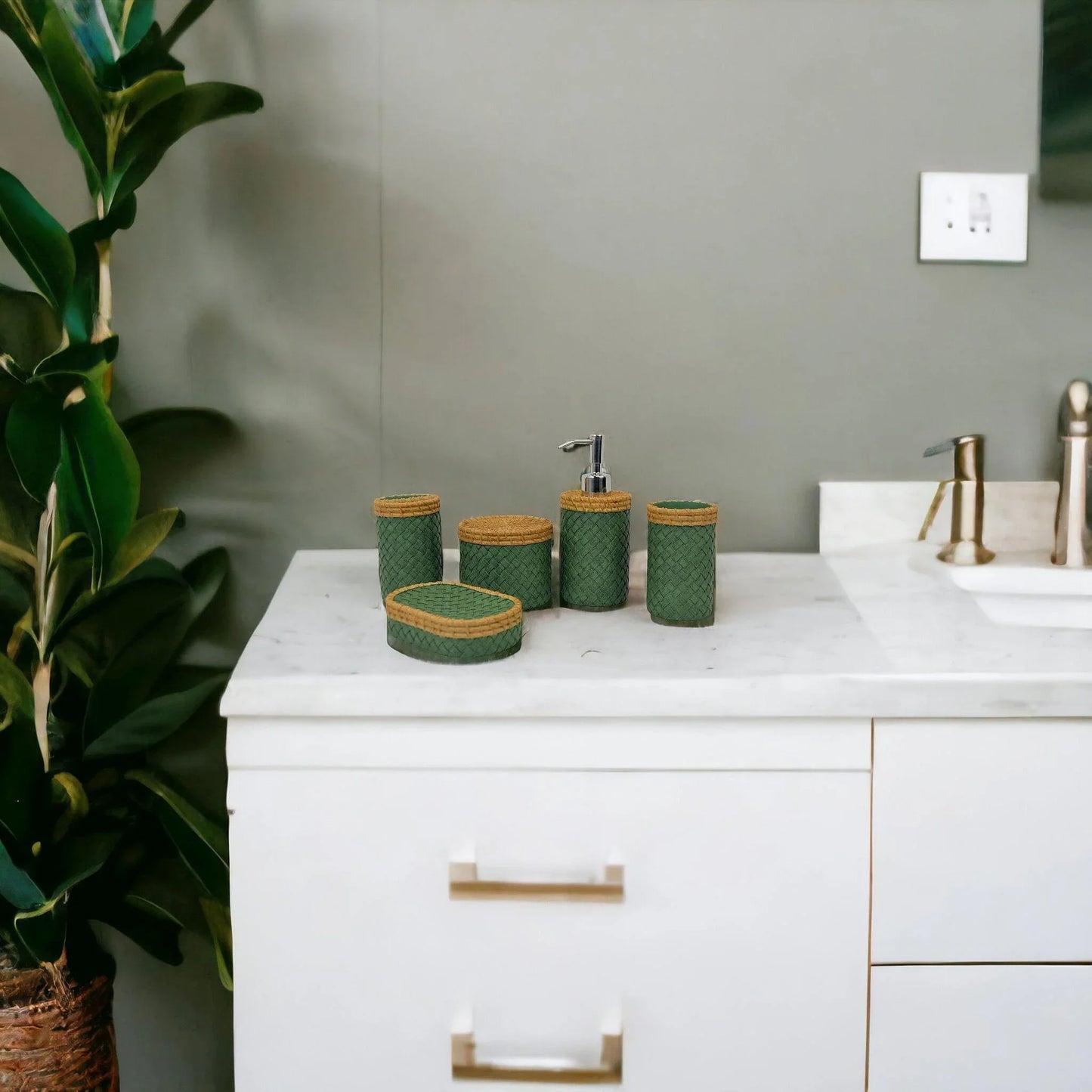 5-Piece Bath Set in Beige & Green Color- Nature Home Decor