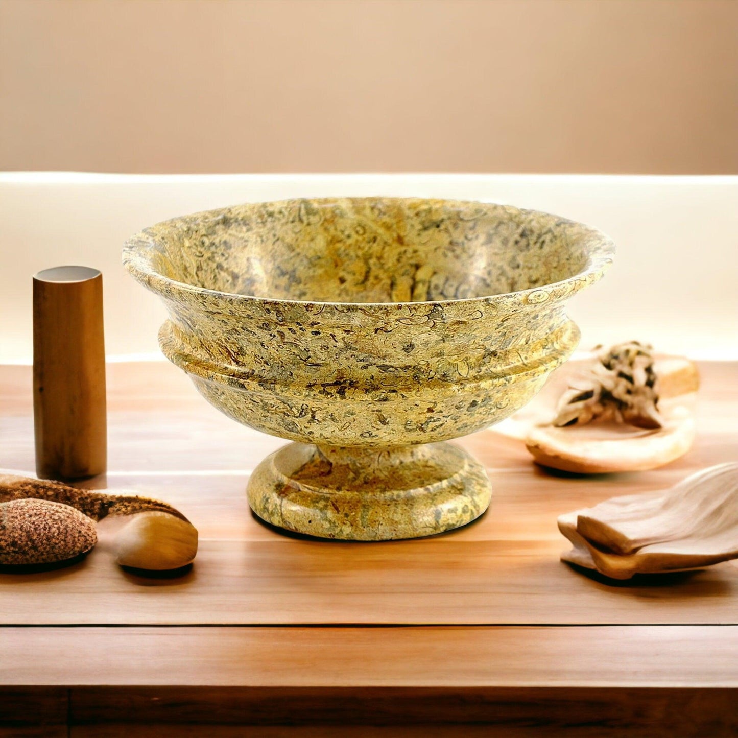 Fossil Stone Pedestal Fruit Bowl of Classic Design - Nature Home Decor