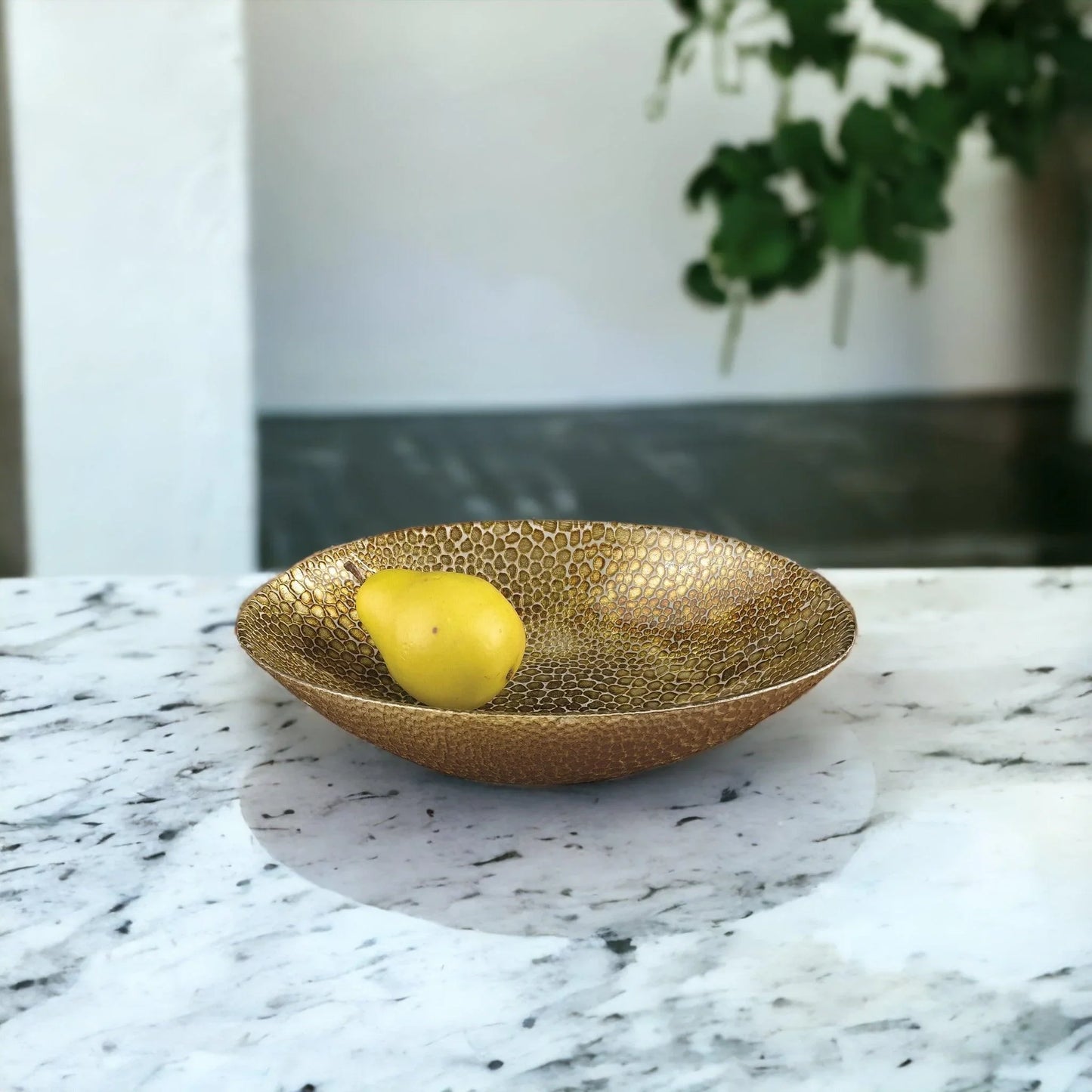 Glass Decorative Bowl | Oval Bowl with Gold Leaf Snakeskin Pattern - Nature Home Decor