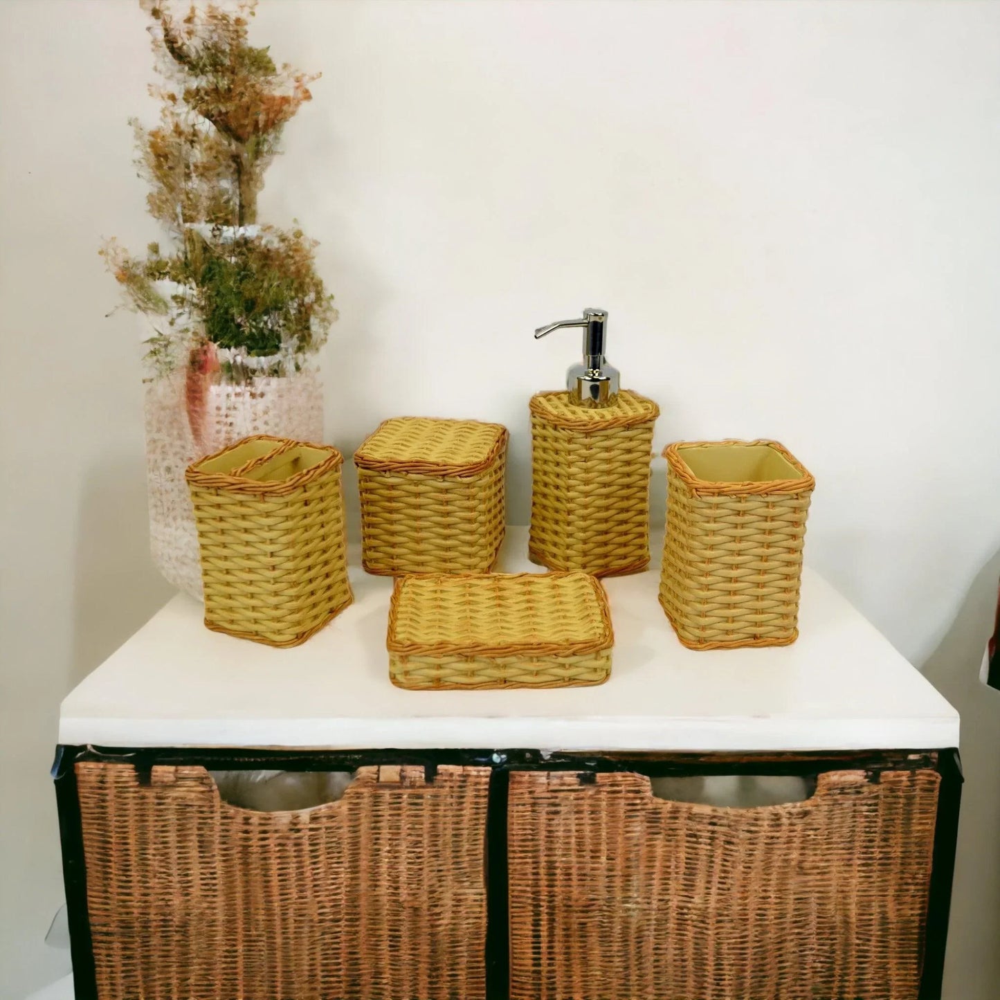 Luxury Bathroom Accessory Set in Weave Pattern - Nature Home Decor