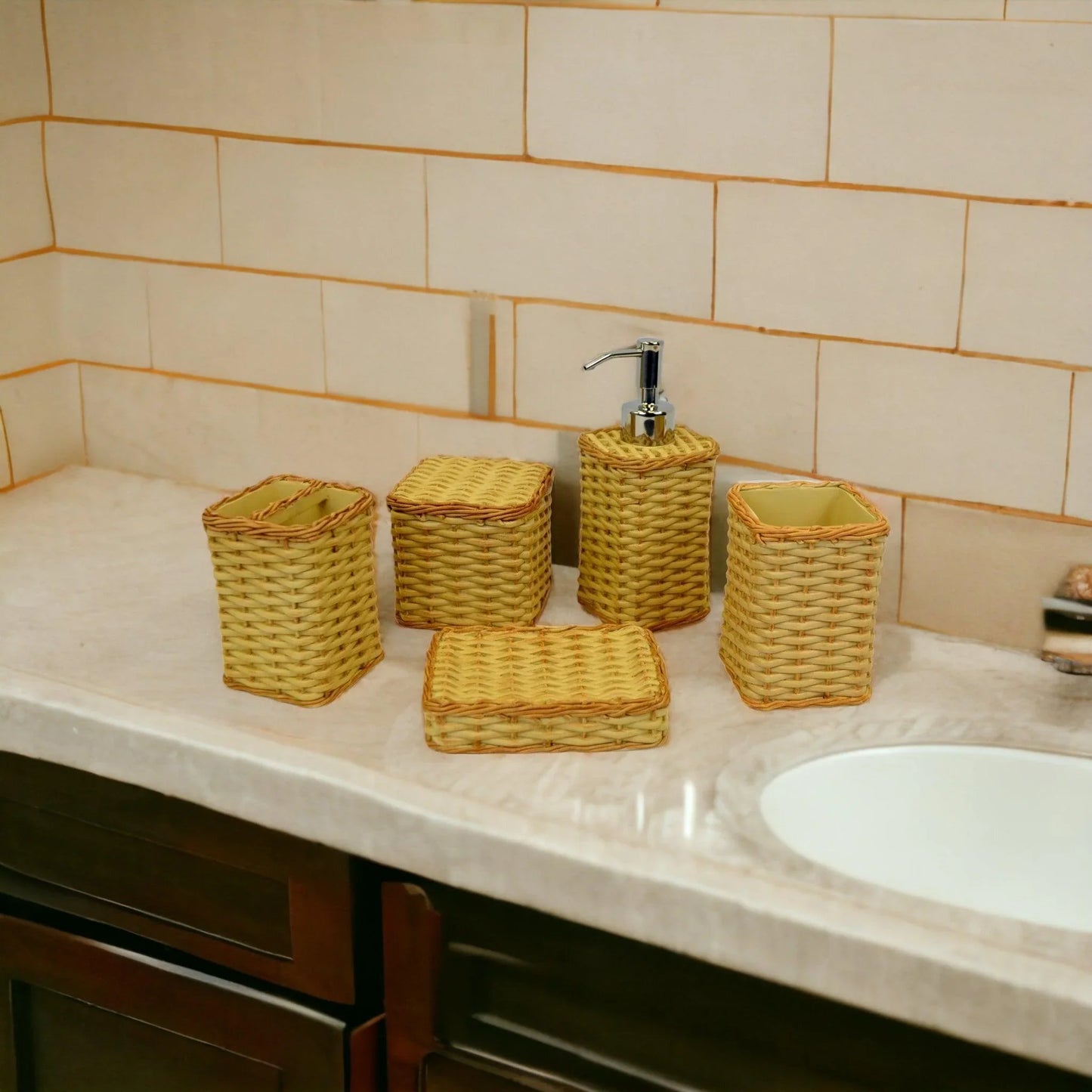 Luxury Bathroom Accessory Set in Weave Pattern - Nature Home Decor