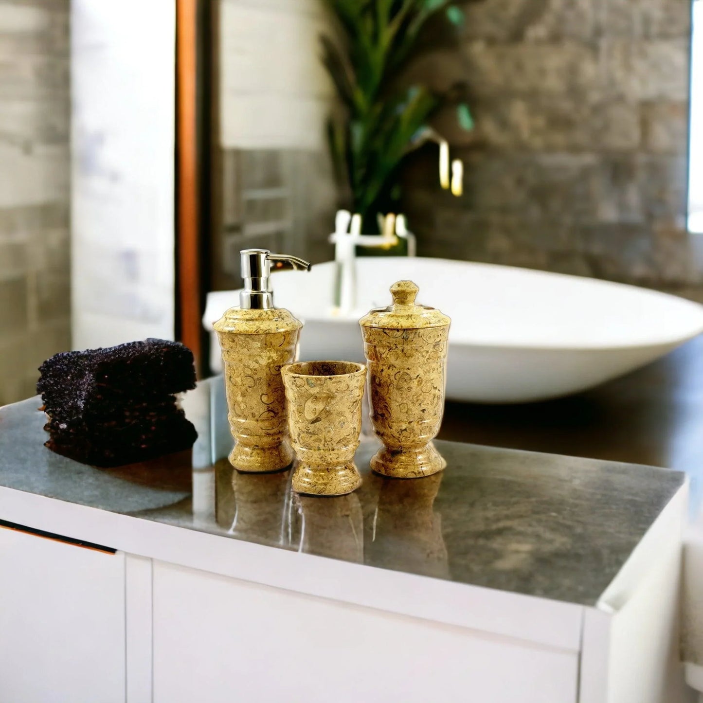 Luxury Bathroom Set in Fossil Stone - 3 Piece Bathroom Set - Nature Home Decor
